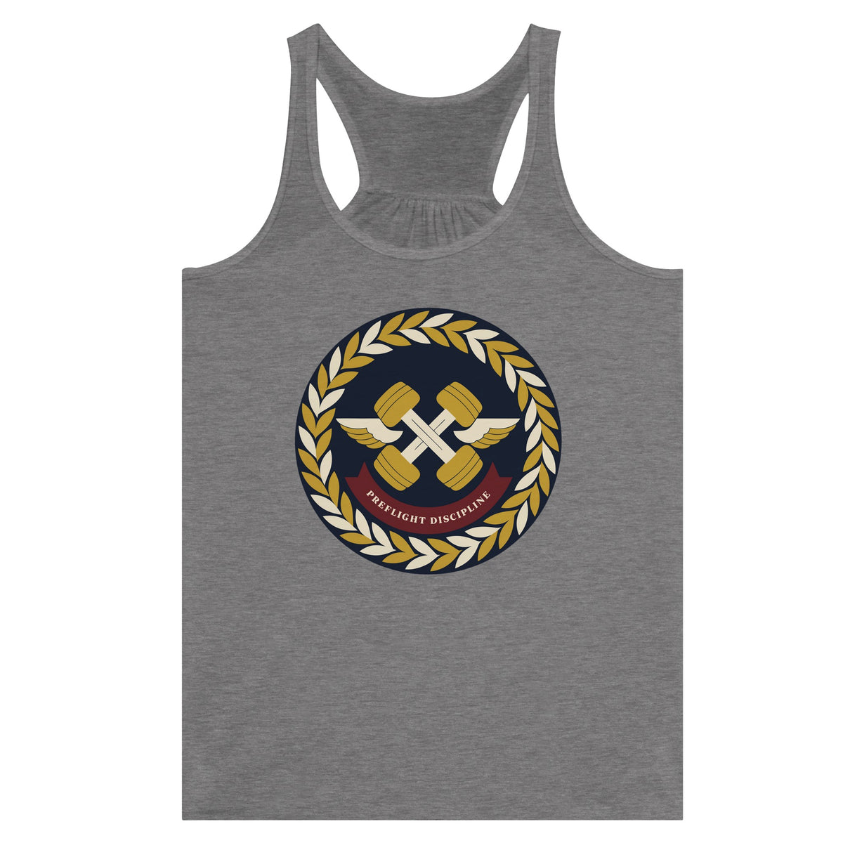 Preflight Discipline women's racerback tank for travelling professionals, printed with a laurel-wreath crest with crossed dumbbells, aviator wings and a PREFLIGHT DISCIPLINE banner — product photo 6 of 13