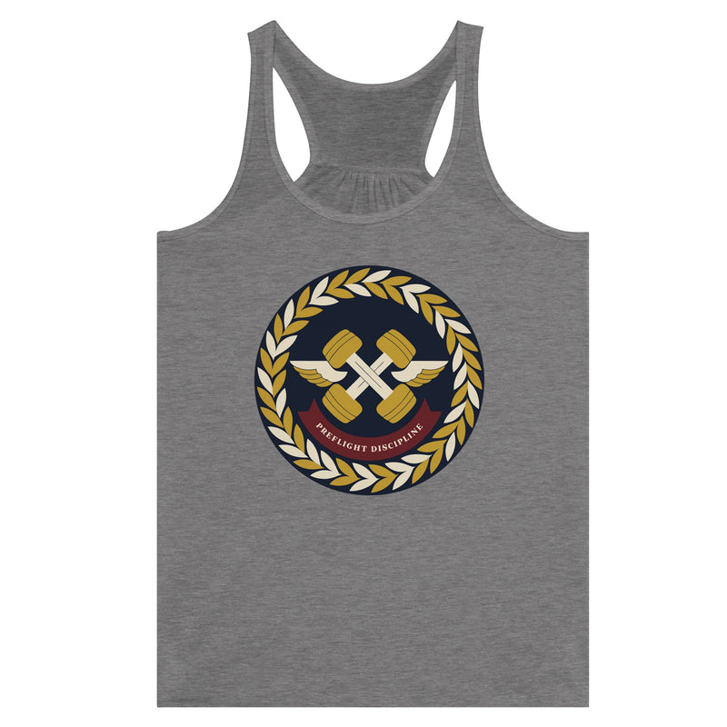 Preflight Discipline women's racerback tank for travelling professionals, printed with a laurel-wreath crest with crossed dumbbells, aviator wings and a PREFLIGHT DISCIPLINE banner — product photo 6 of 13
