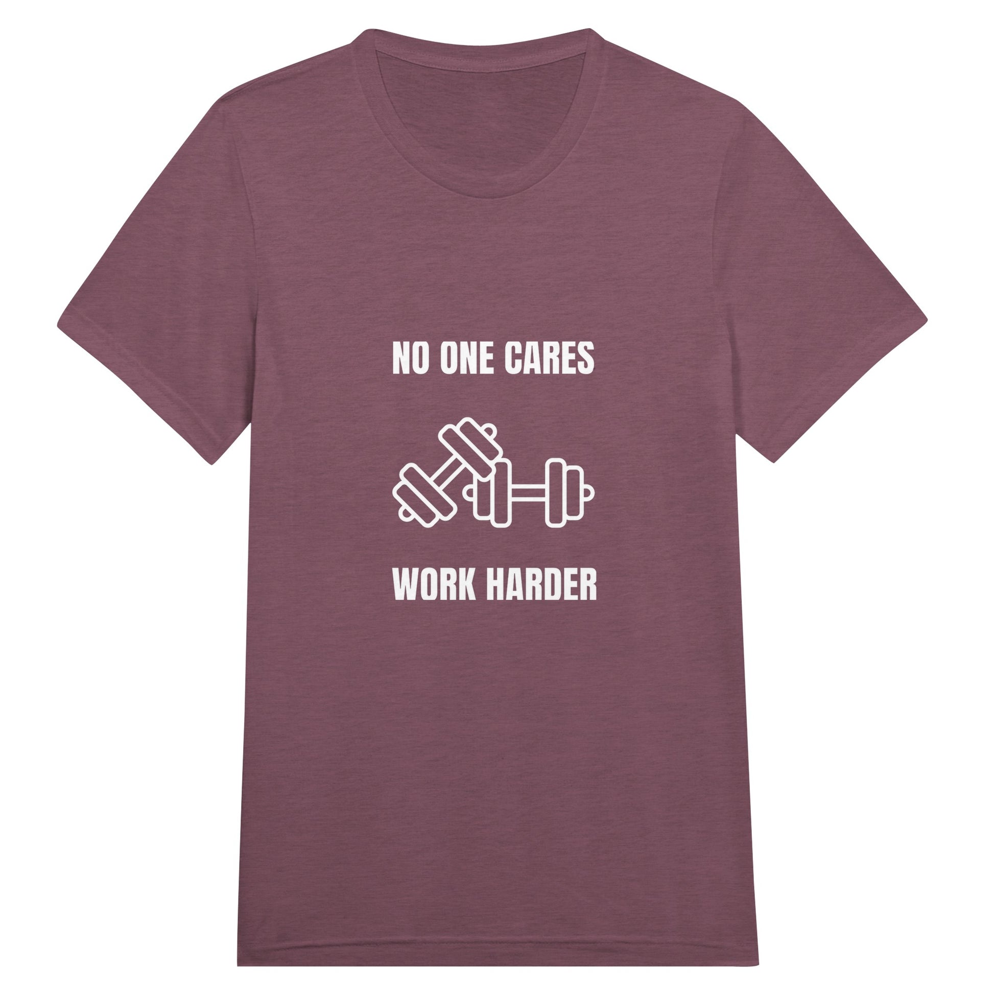 unisex triblend travel tee with white No One Cares. Work Harder. crossed-dumbbells print, styled for hotel gym training