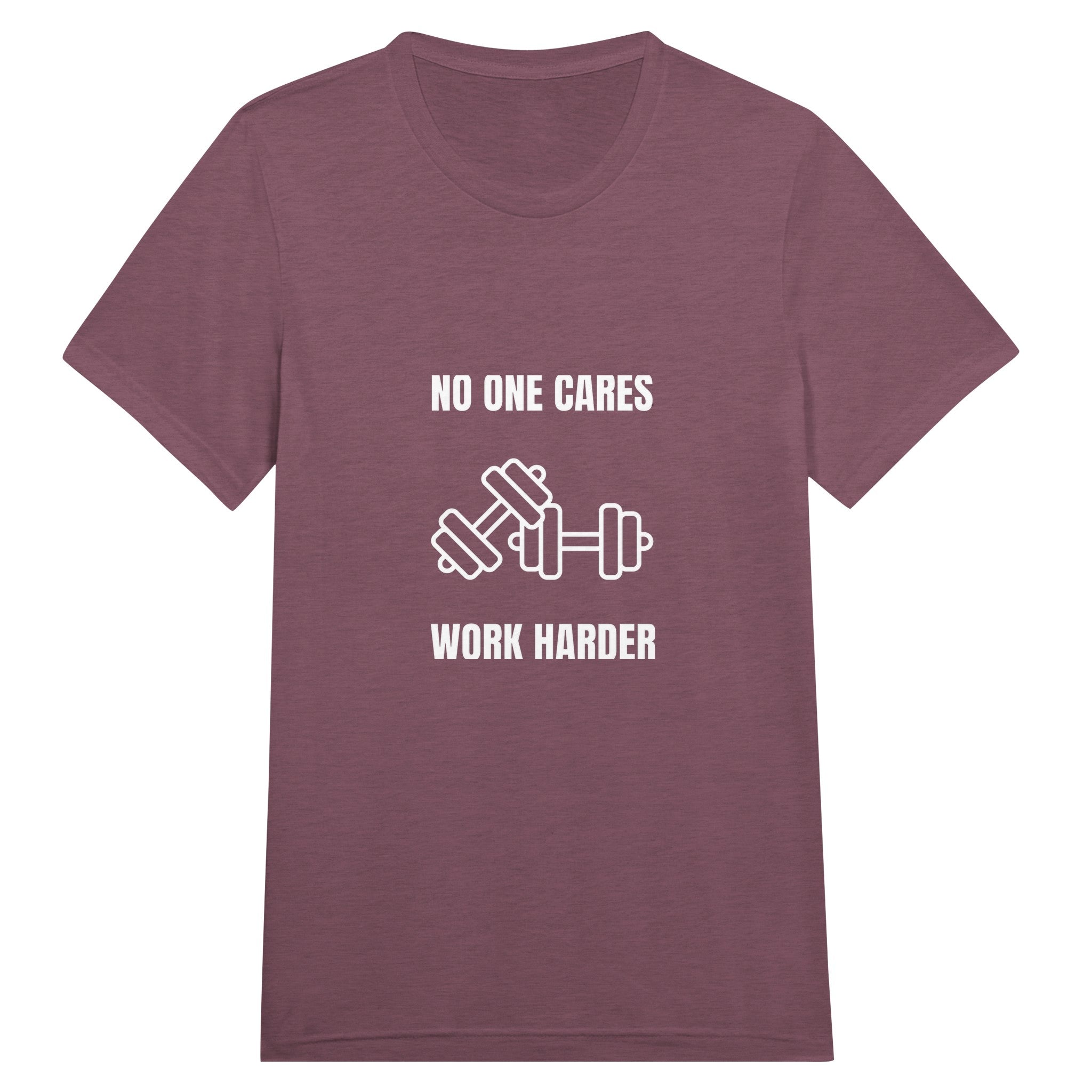 unisex triblend travel tee with white No One Cares. Work Harder. crossed-dumbbells print, styled for hotel gym training
