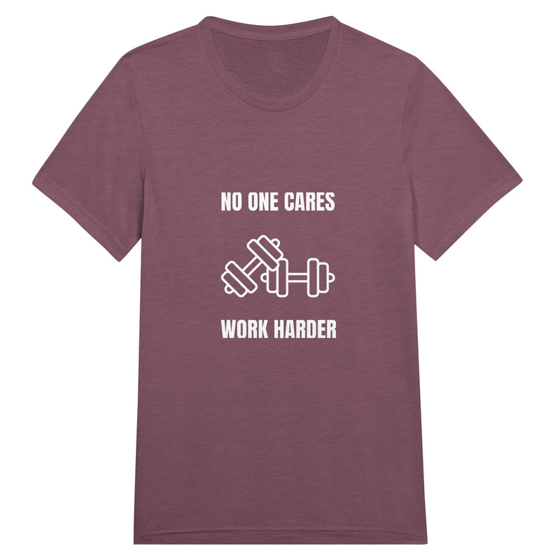 unisex triblend travel tee with white No One Cares. Work Harder. crossed-dumbbells print, styled for hotel gym training