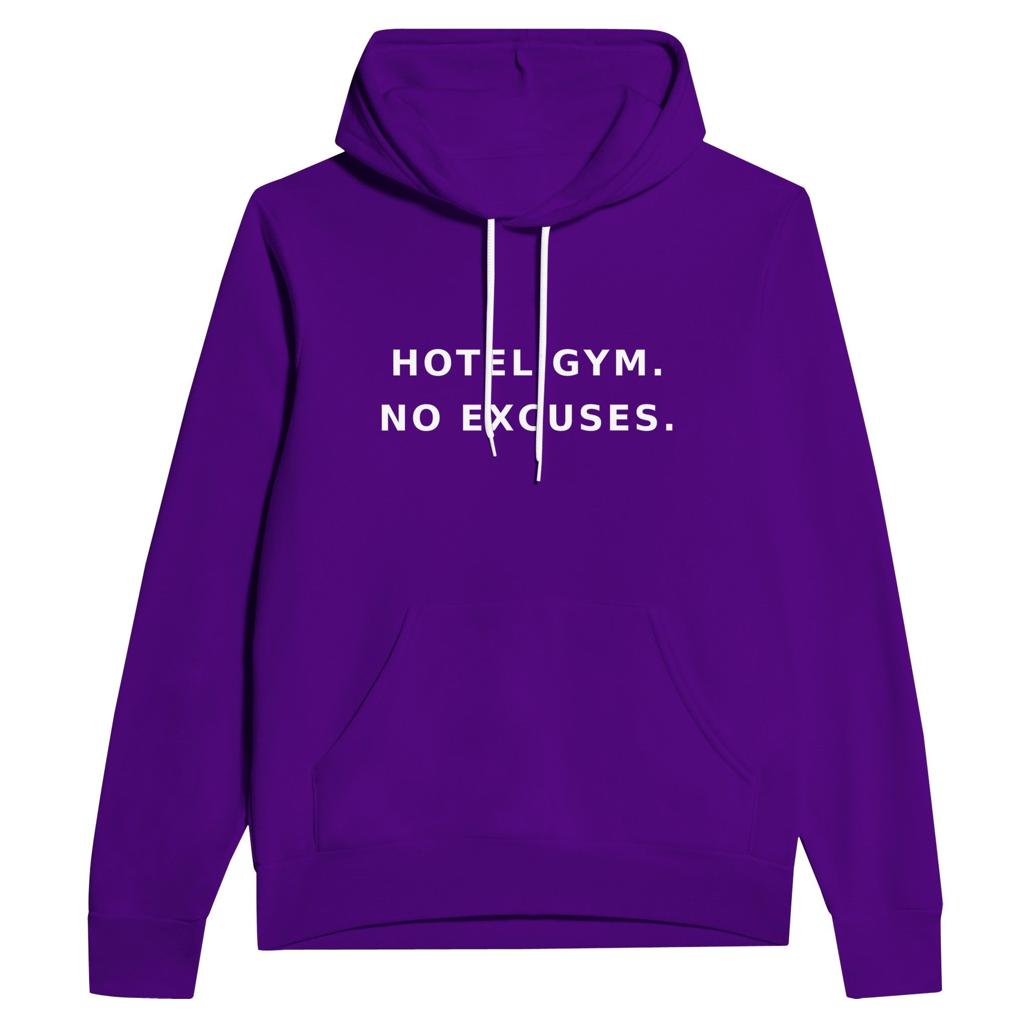 unisex midweight travel hoodie with white Hotel Gym. No Excuses. statement print