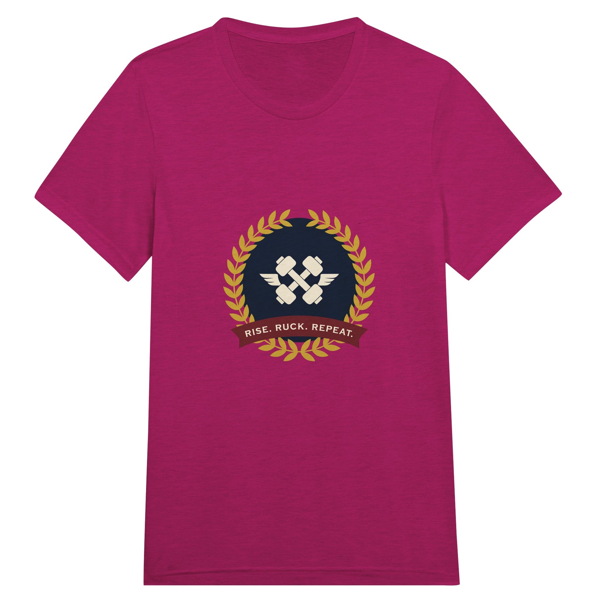 Rise. Ruck. Repeat. unisex triblend tee in Berry Triblend — packable travel training apparel from Dumbbells & Hotels