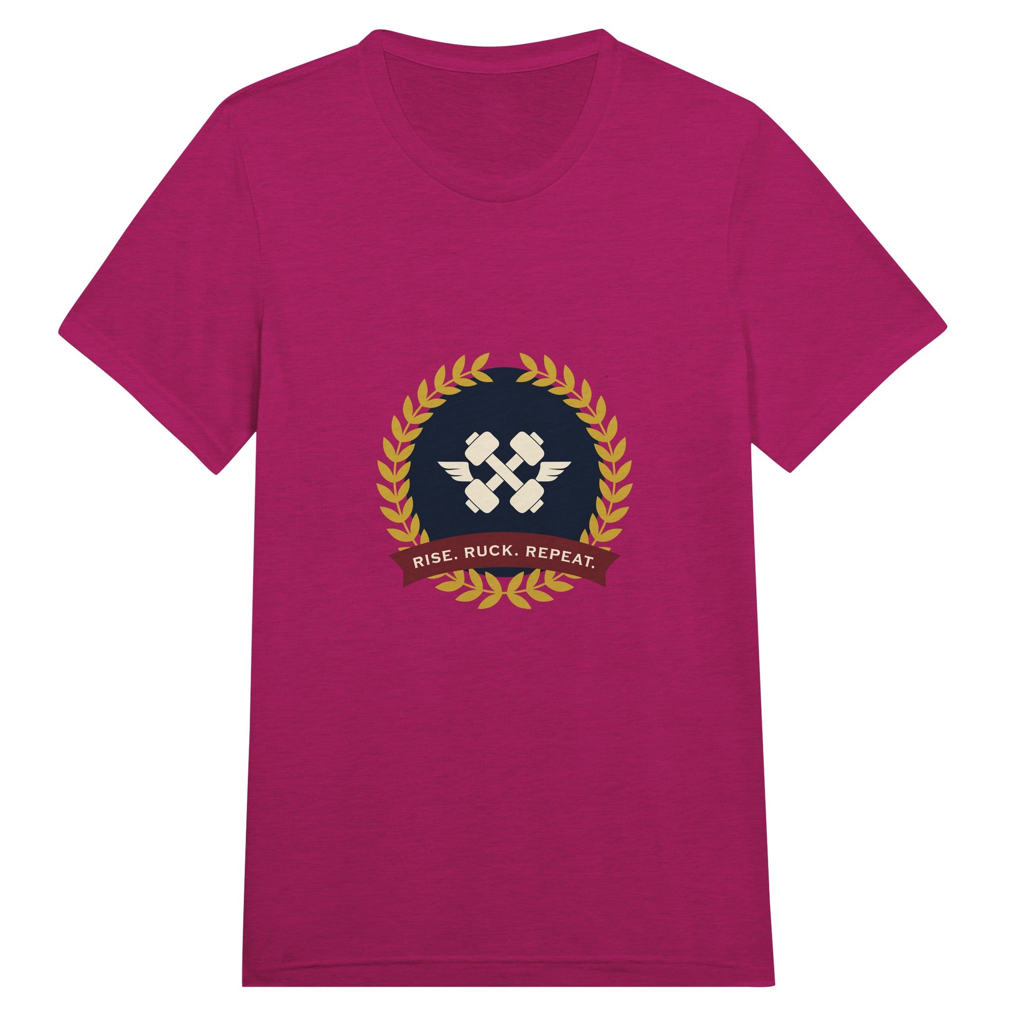 Rise. Ruck. Repeat. unisex triblend tee in Berry Triblend — packable travel training apparel from Dumbbells & Hotels