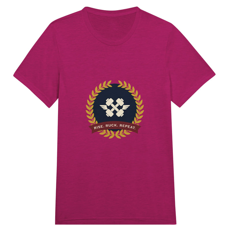 Rise. Ruck. Repeat. unisex triblend tee in Berry Triblend — packable travel training apparel from Dumbbells & Hotels