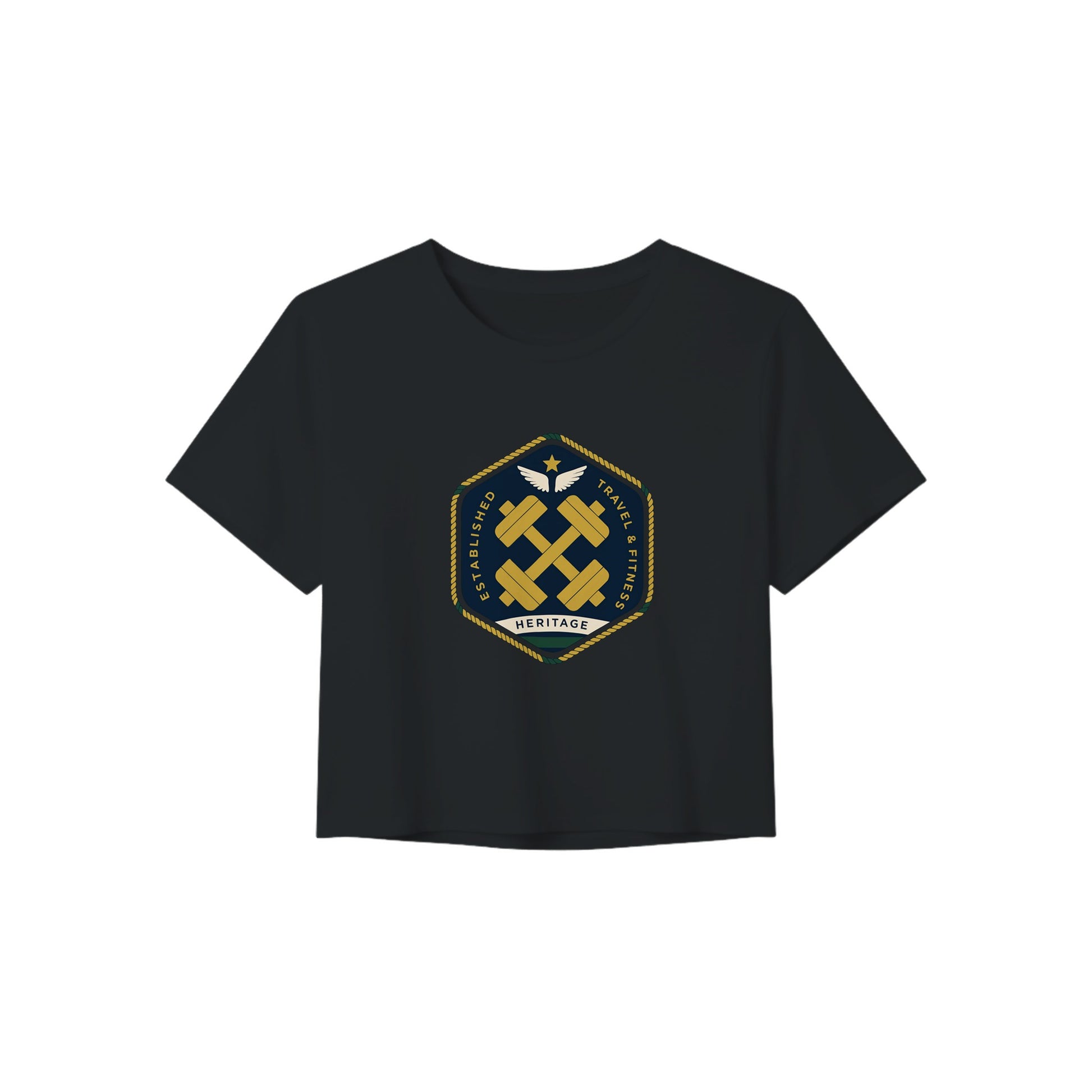 Heritage Standard crest-emblem travel crop tee, Dumbbells & Hotels road warrior apparel