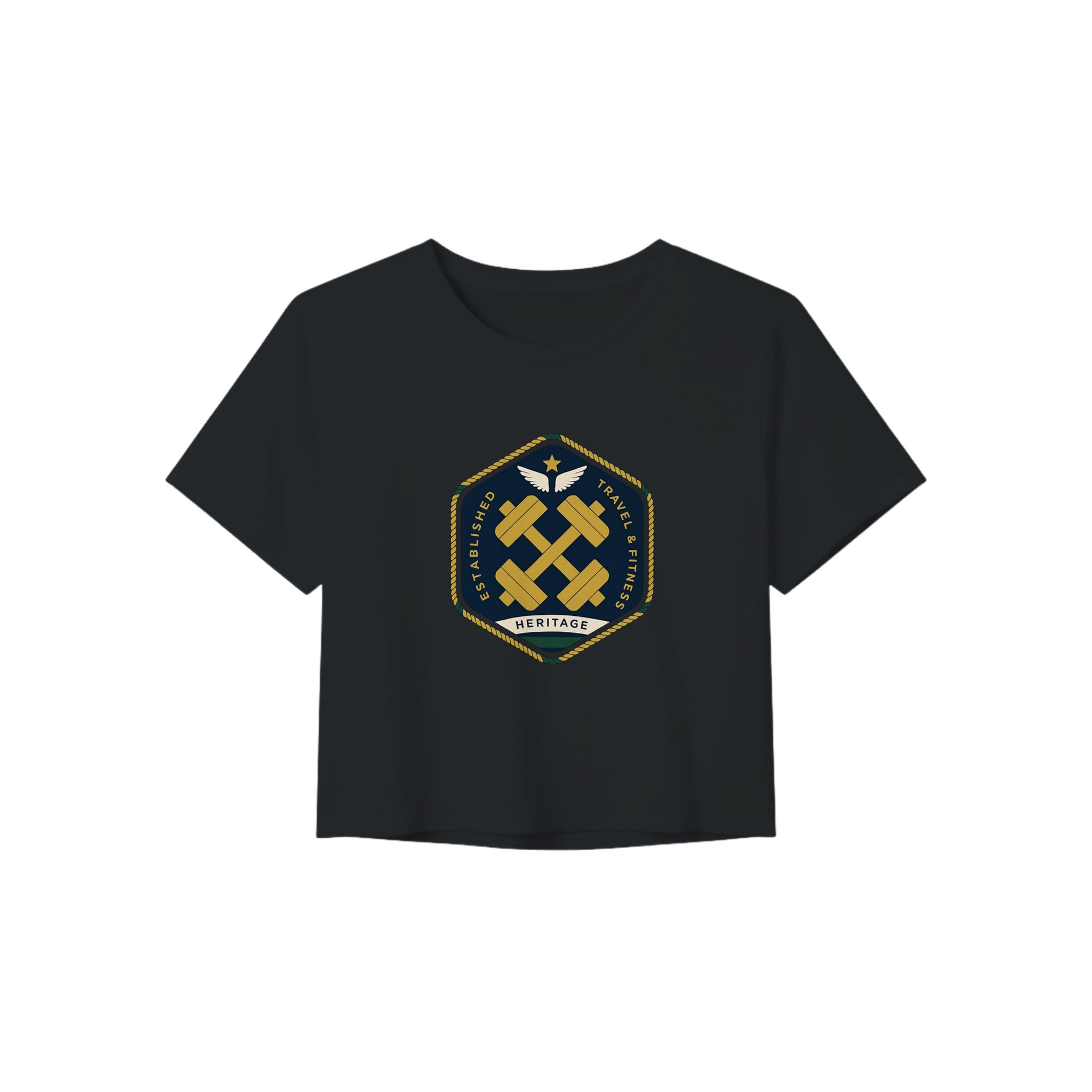 Heritage Standard crest-emblem travel crop tee, Dumbbells & Hotels road warrior apparel