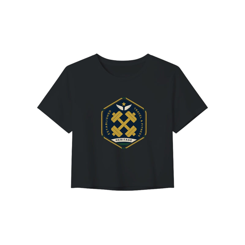Heritage Standard crest-emblem travel crop tee, Dumbbells & Hotels road warrior apparel