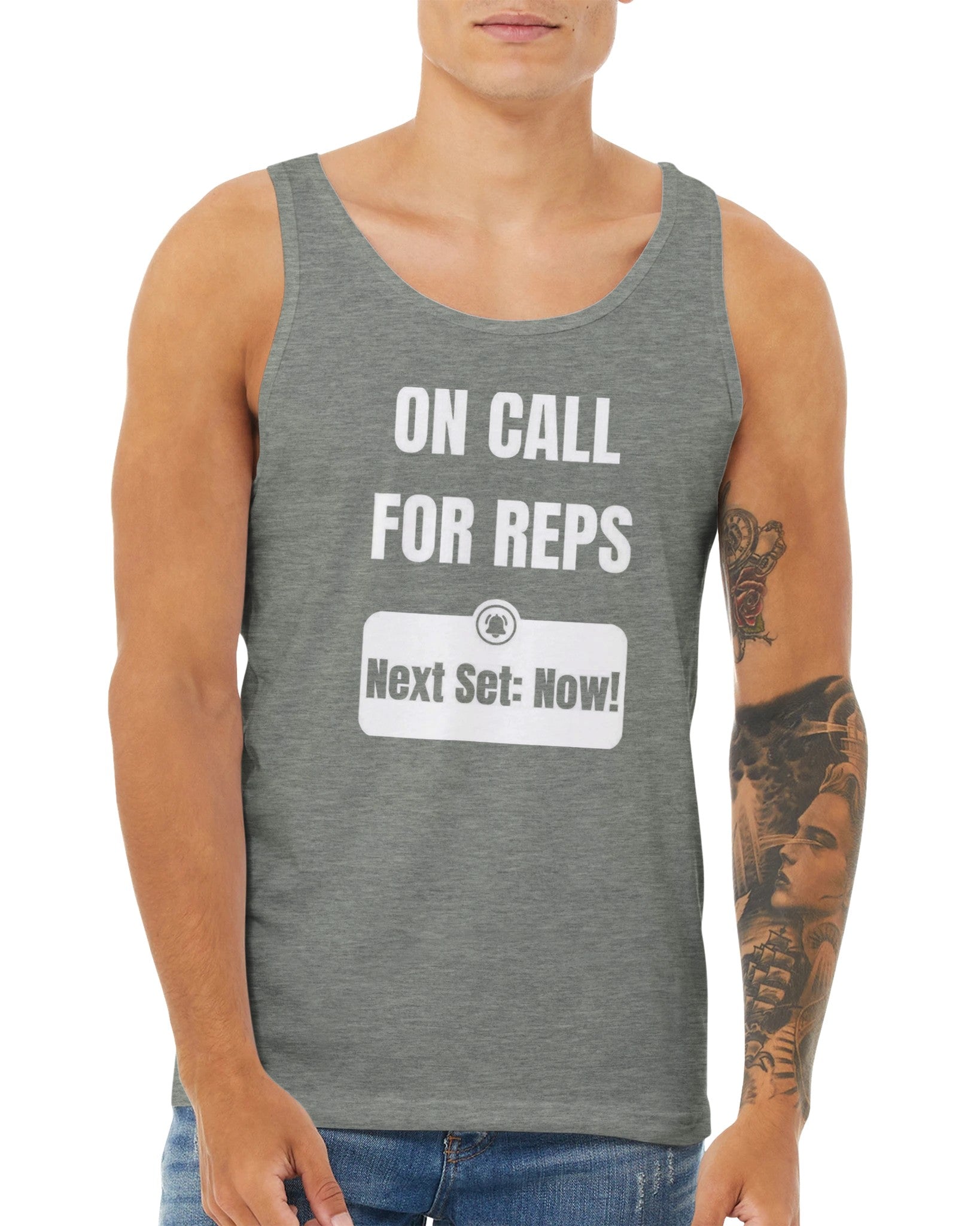 unisex premium travel tank with white On Call for Reps notification graphic reading Next Set: Now!
