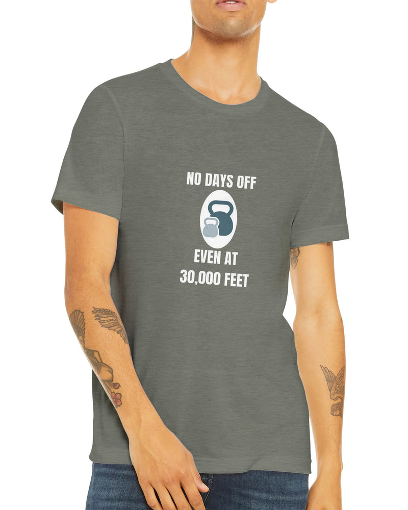 No Days Off Even at 30,000 Feet artwork detail on a unisex triblend tee designed for hotel gyms and long layovers