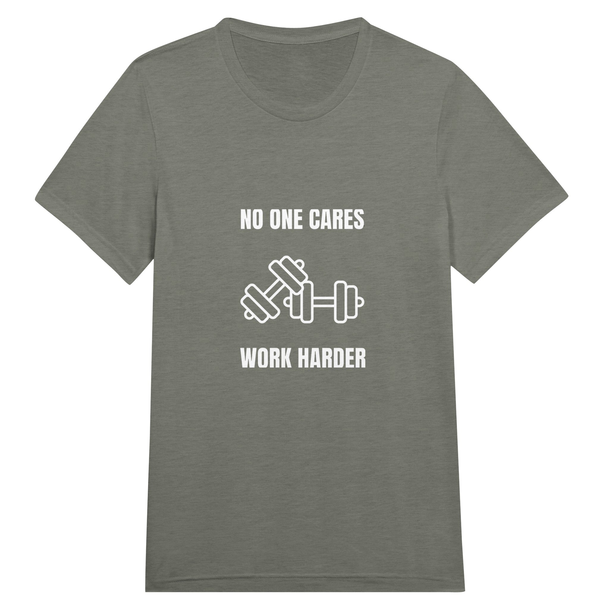 unisex triblend travel tee with white No One Cares. Work Harder. crossed-dumbbells print, styled for hotel gym training