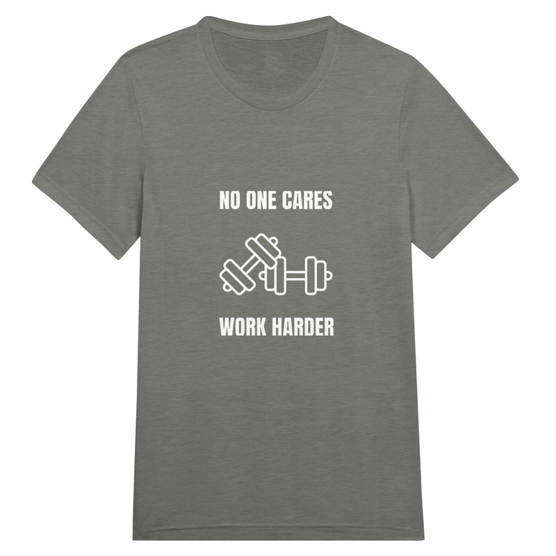 unisex triblend travel tee with white No One Cares. Work Harder. crossed-dumbbells print, styled for hotel gym training