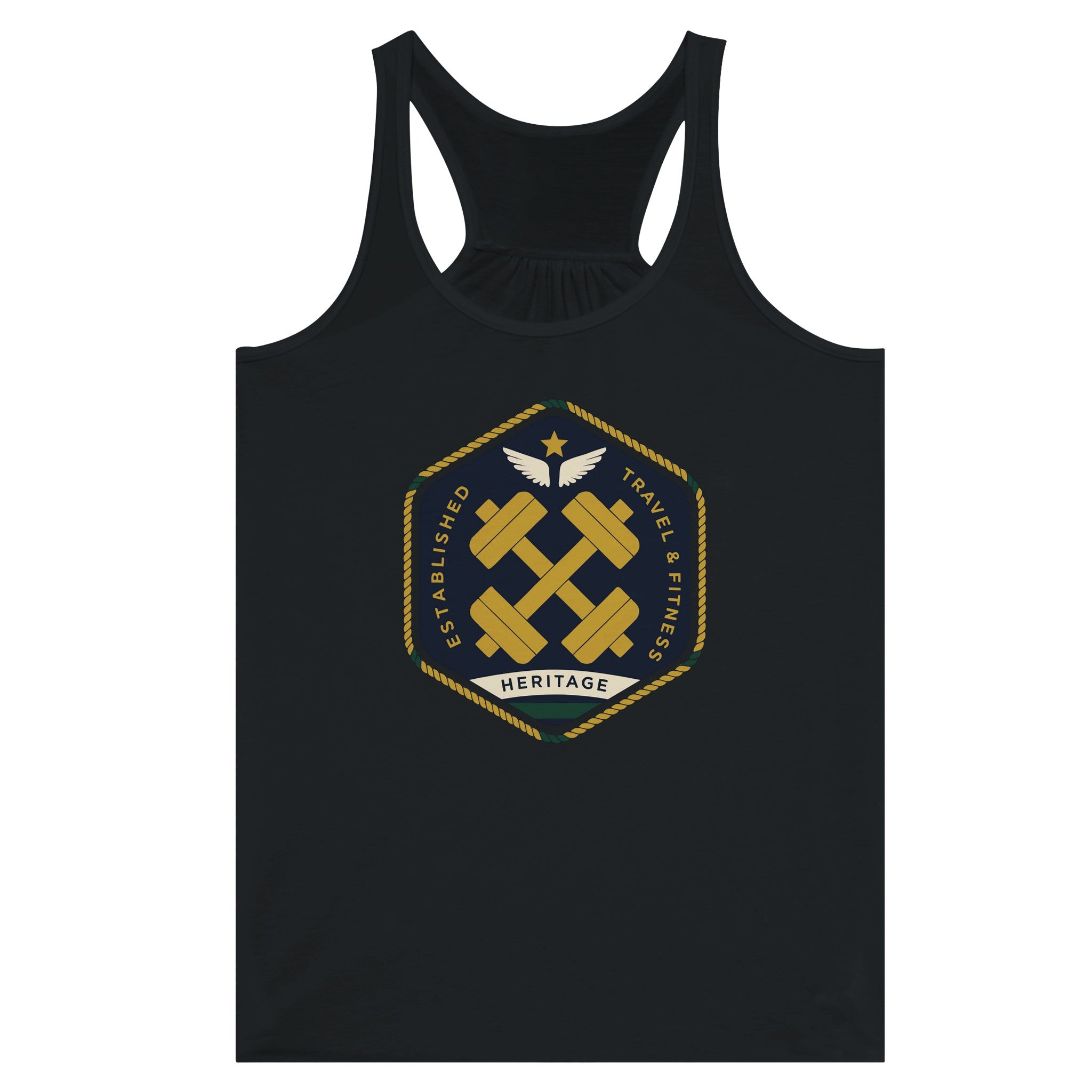Heritage Standard crest-emblem flowy racerback tank, Dumbbells & Hotels road warrior apparel