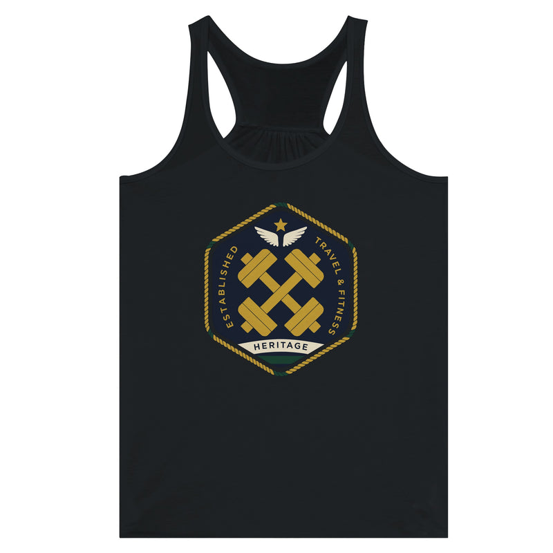 Heritage Standard crest-emblem flowy racerback tank, Dumbbells & Hotels road warrior apparel