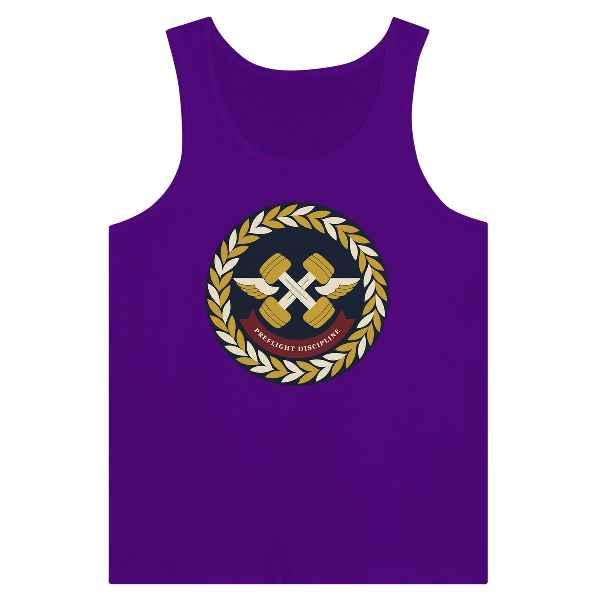 Preflight Discipline unisex tank top for travelling professionals, printed with a laurel-wreath crest with crossed dumbbells, aviator wings and a PREFLIGHT DISCIPLINE banner — product photo 9 of 18