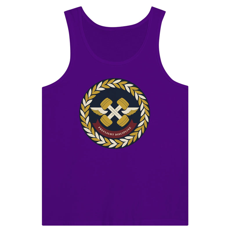 Preflight Discipline unisex tank top for travelling professionals, printed with a laurel-wreath crest with crossed dumbbells, aviator wings and a PREFLIGHT DISCIPLINE banner — product photo 9 of 18