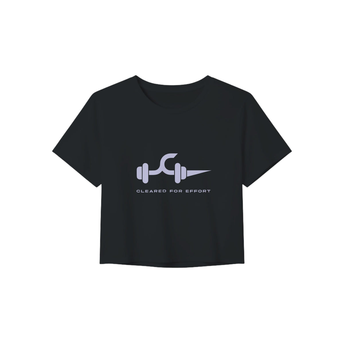 Black Cleared for Effort Crop Tee by Dumbbells & Hotels, light-ink print