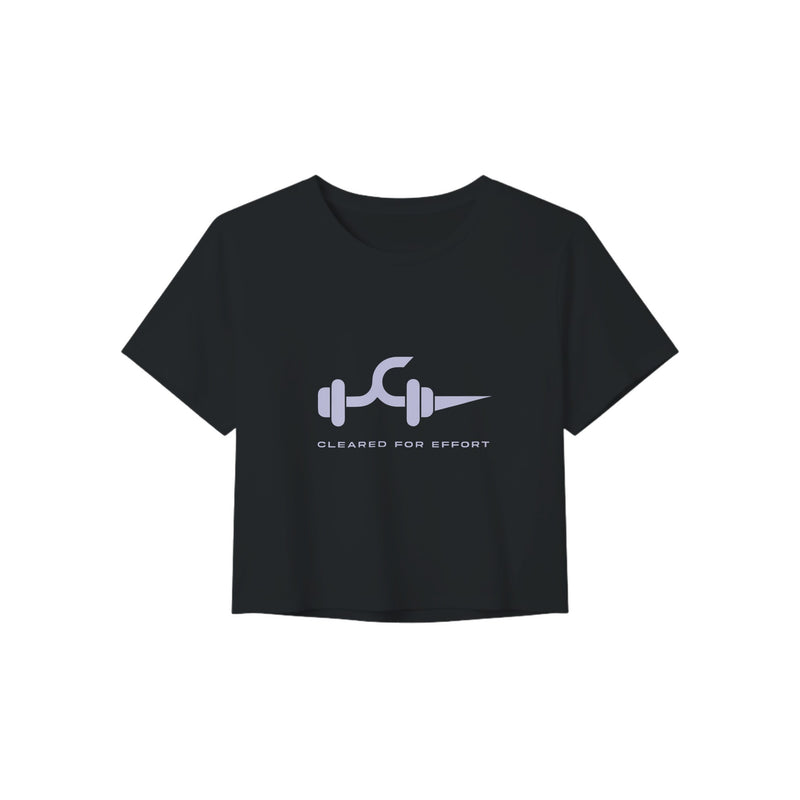 Black Cleared for Effort Crop Tee by Dumbbells & Hotels, light-ink print