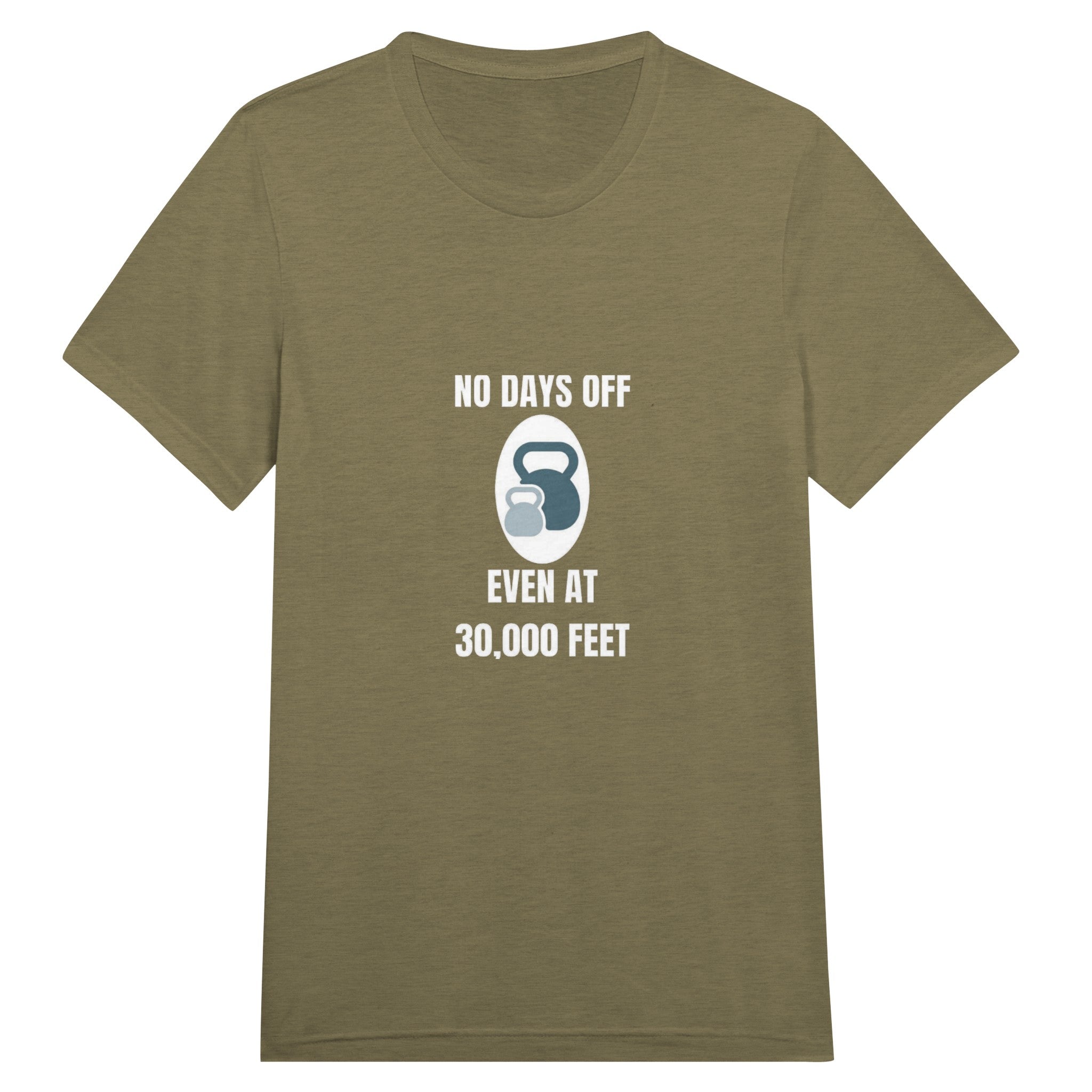 No Days Off Even at 30,000 Feet unisex triblend tee in Olive Triblend — packable travel training apparel from Dumbbells & Hotels
