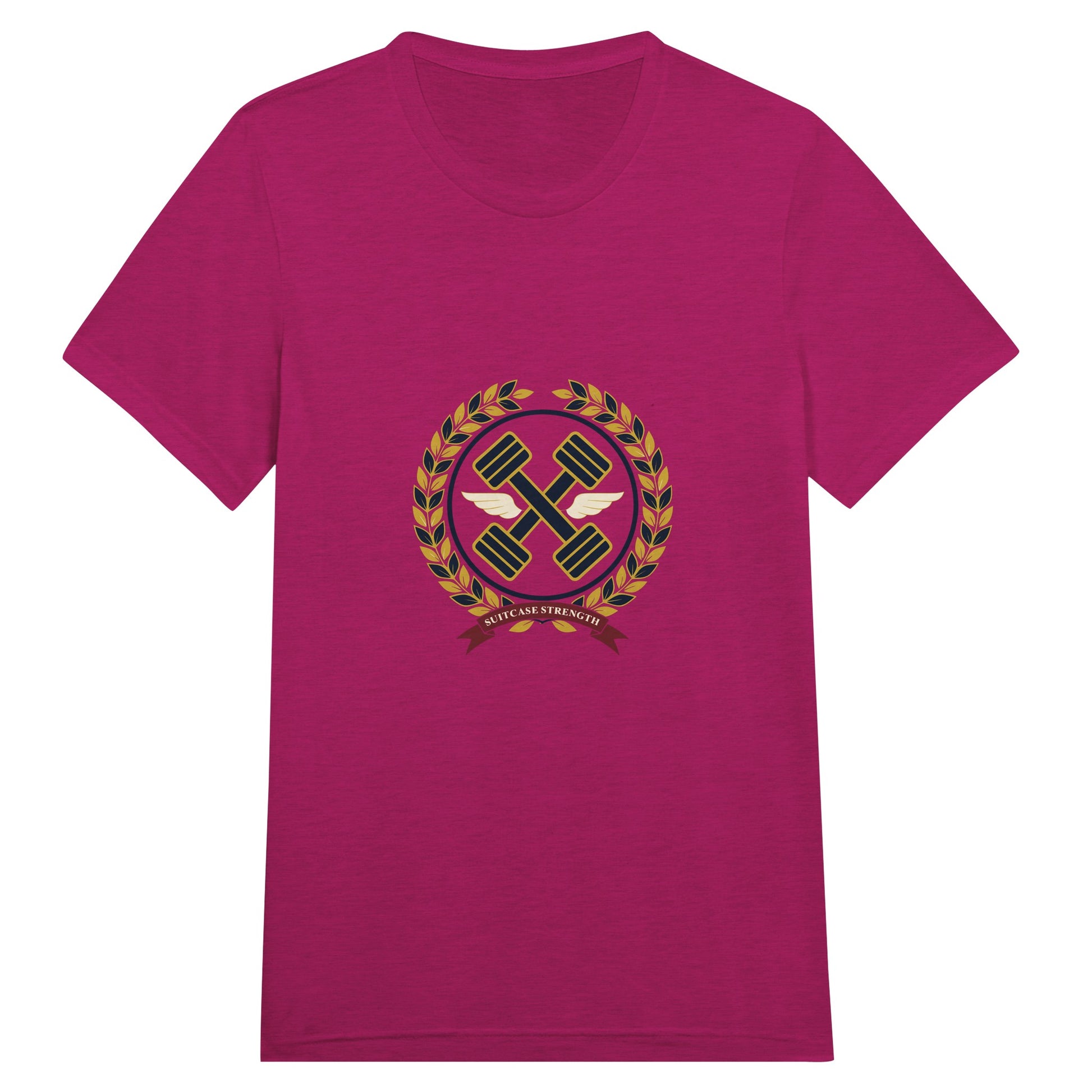 Suitcase Strength unisex triblend tee for travelling professionals, printed with a gold laurel-wreath crest with navy crossed dumbbells, cream aviator wings and a SUITCASE STRENGTH ribbon — product photo 15 of 19