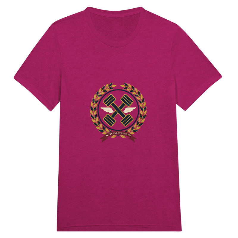Suitcase Strength unisex triblend tee for travelling professionals, printed with a gold laurel-wreath crest with navy crossed dumbbells, cream aviator wings and a SUITCASE STRENGTH ribbon — product photo 15 of 19