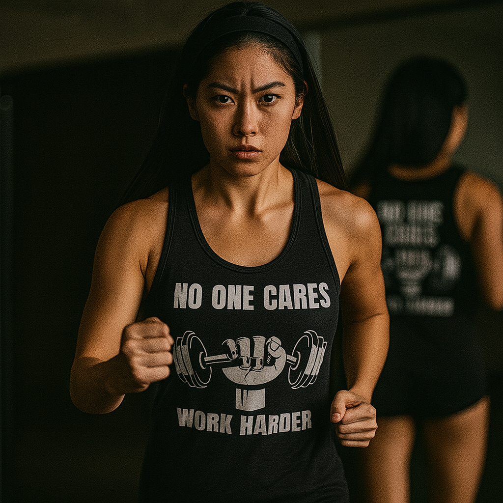 Waist-up of a young Japanese woman (18–25) in a fitted black Bella + Canvas 3480 unisex jersey tank, jogging in place with a fierce expression in front of a gym mirror; the tank’s centered “No One Cares / Work Harder” graphic is clearly visible

