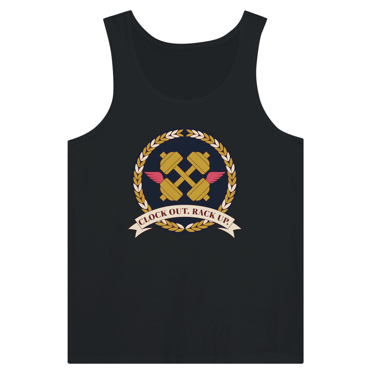 Clock Out. Rack Up. crest design on a Dumbbells and Hotels unisex tank top