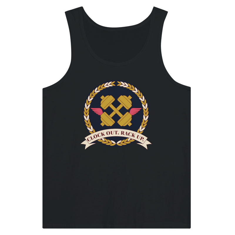 Clock Out. Rack Up. crest design on a Dumbbells and Hotels unisex tank top