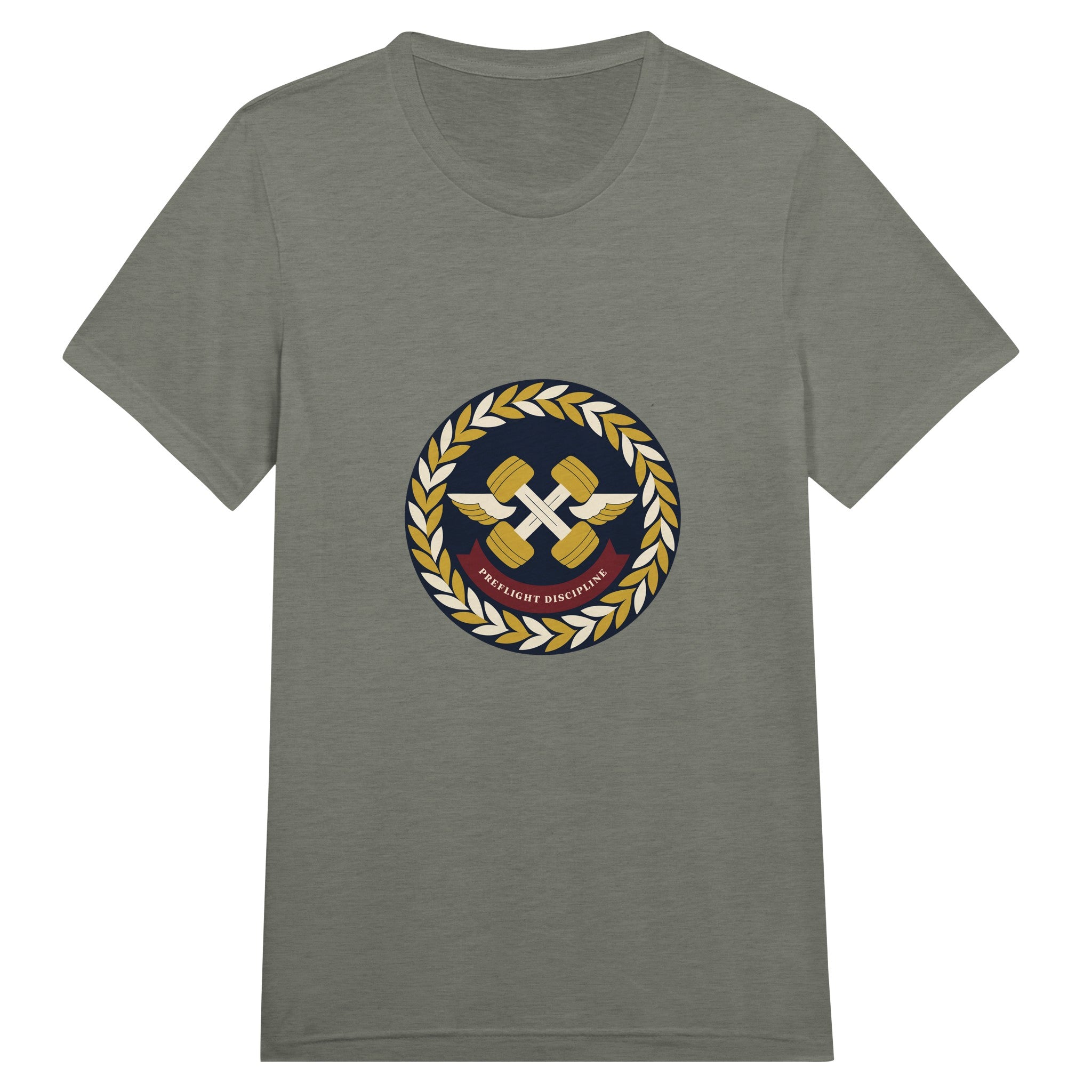 Preflight Discipline winged-dumbbell crest with laurel wreath on a unisex triblend tee by Dumbbells & Hotels — view 1 of 19