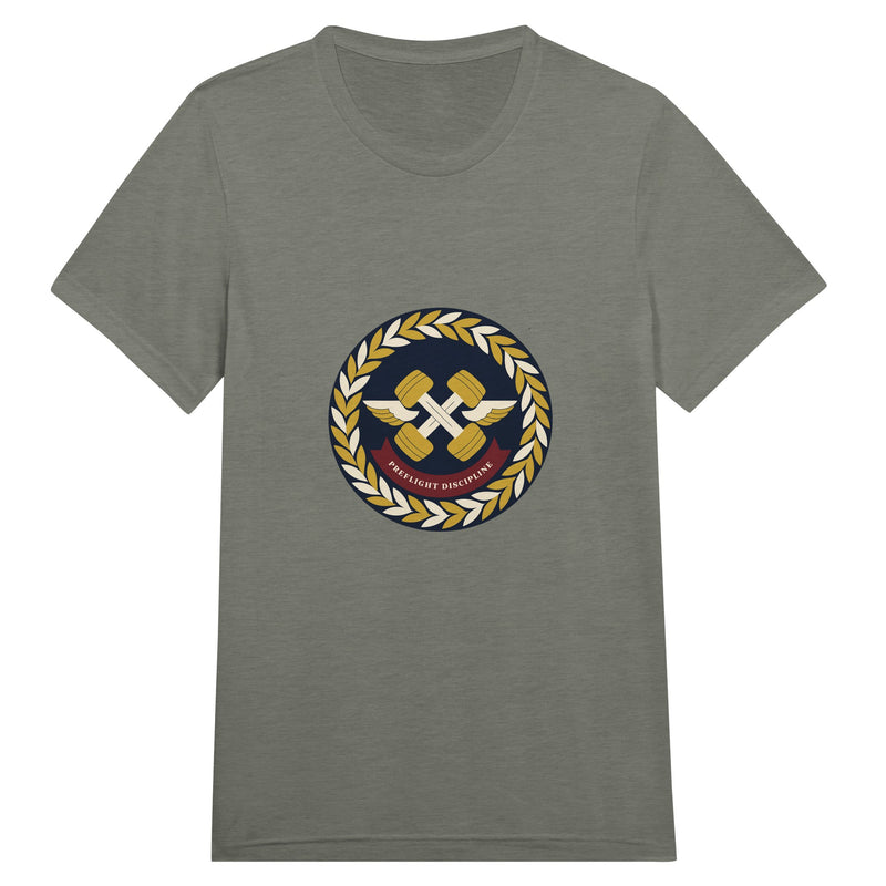 Preflight Discipline winged-dumbbell crest with laurel wreath on a unisex triblend tee by Dumbbells & Hotels — view 1 of 19