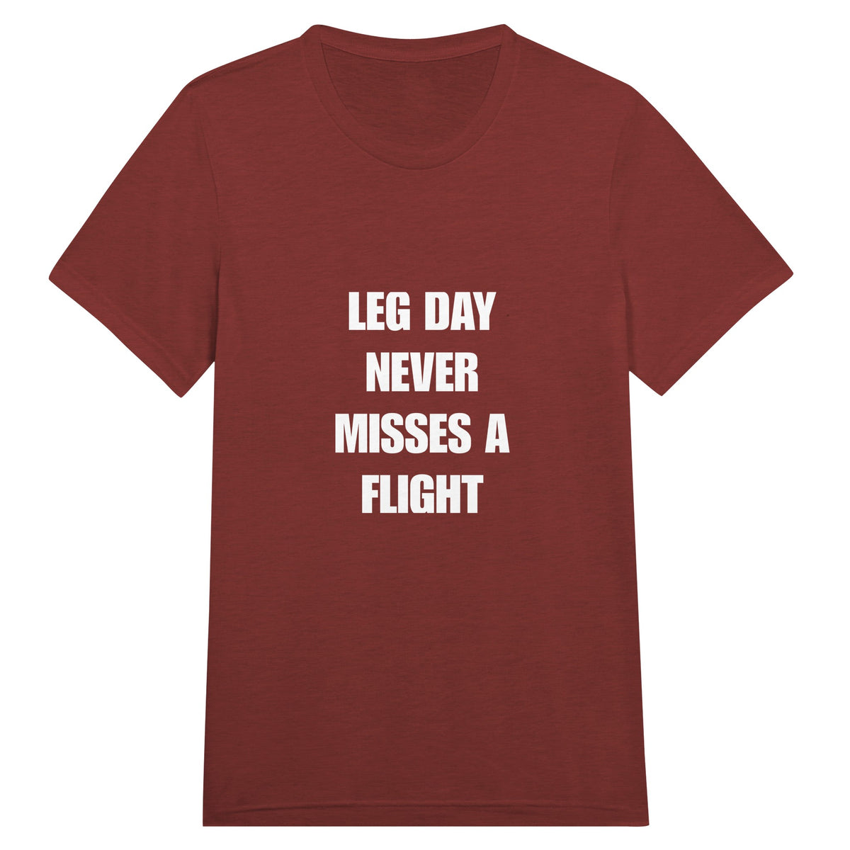 Leg Day Never Misses a Flight unisex triblend tee for travelling professionals, printed with a laurel-wreath crest with crossed dumbbells, aviator wings and a LEG DAY NEVER MISSES A FLIGHT ribbon — product photo 5 of 19