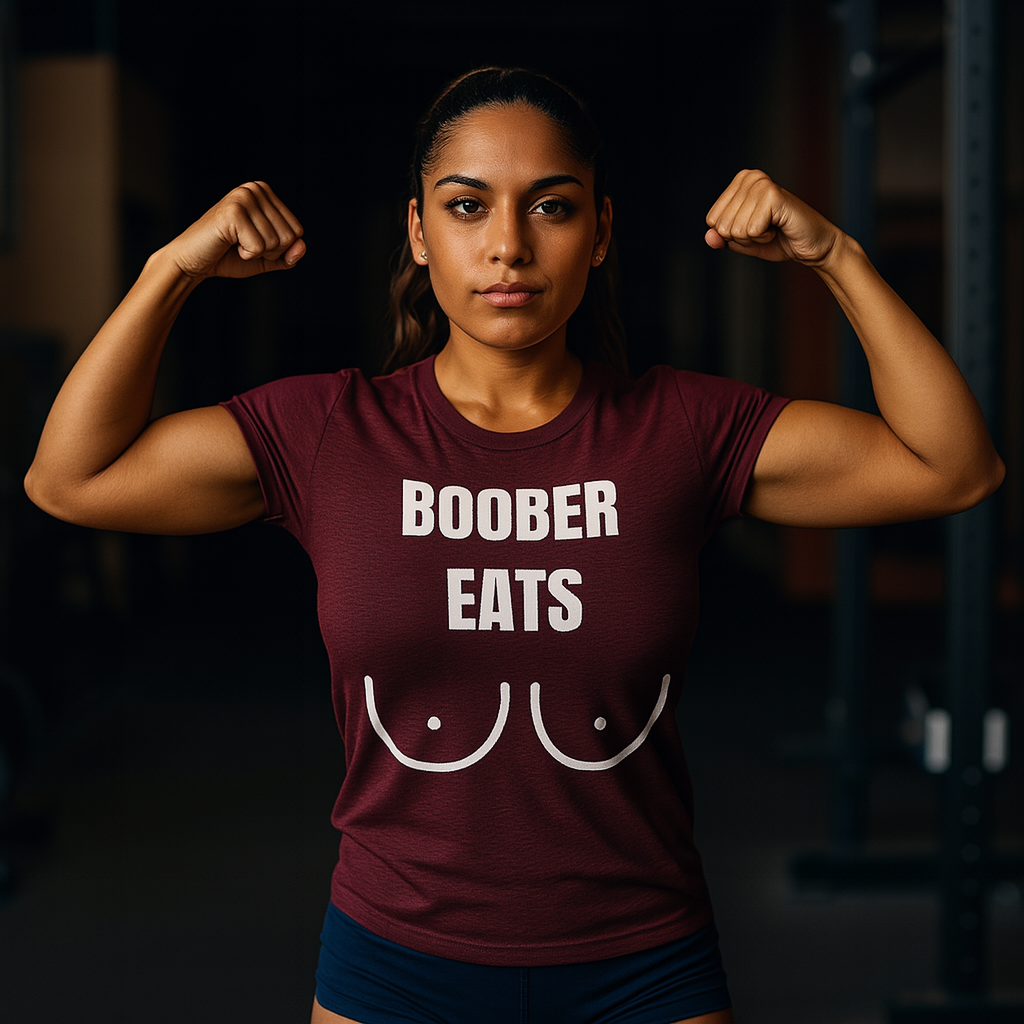 Athletic Hispanic woman in her early 20s flexes both arms, wearing a tailored Oxblood Black Bella + Canvas 3001 tee printed with “BOOBER EATS” and the minimalist breasts graphic centered, set against a moody gym interior in dramatic midday light.

