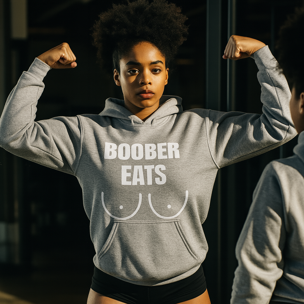 Athletic African-American woman with an afro flexing in a gym mirror, wearing a slim-fit Sport Gray Gildan 18500 unisex hoodie printed center-front with the ‘BOOBER EATS’ graphic, paired with black shorts under dramatic directional lighting