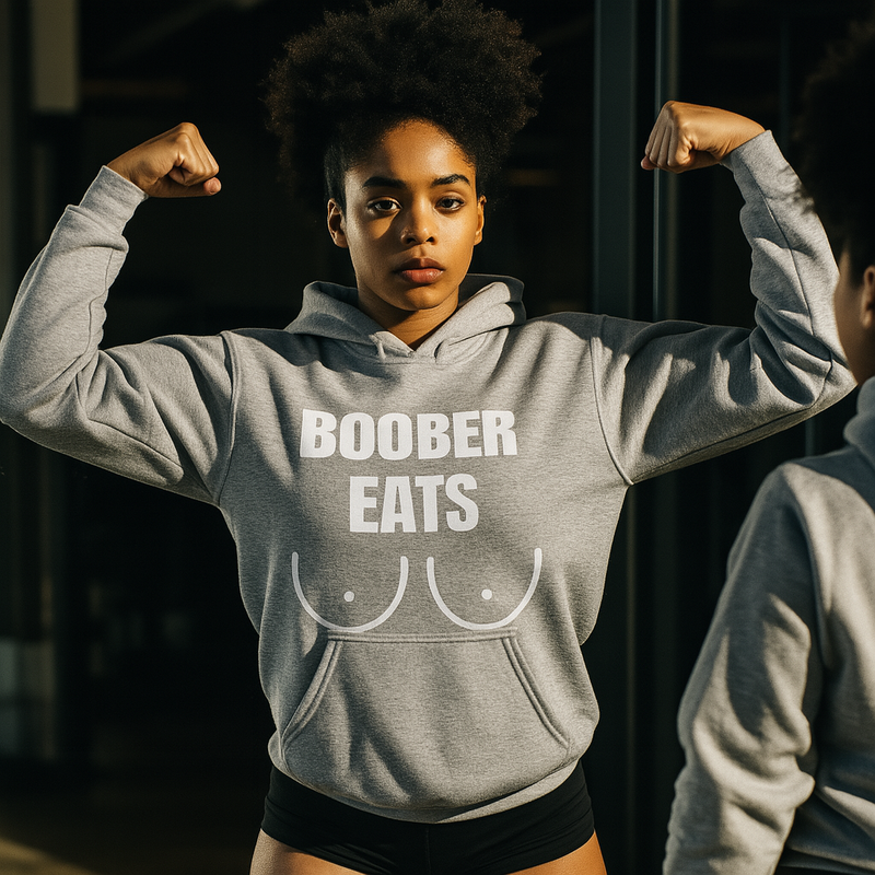 Athletic African-American woman with an afro flexing in a gym mirror, wearing a slim-fit Sport Gray Gildan 18500 unisex hoodie printed center-front with the ‘BOOBER EATS’ graphic, paired with black shorts under dramatic directional lighting