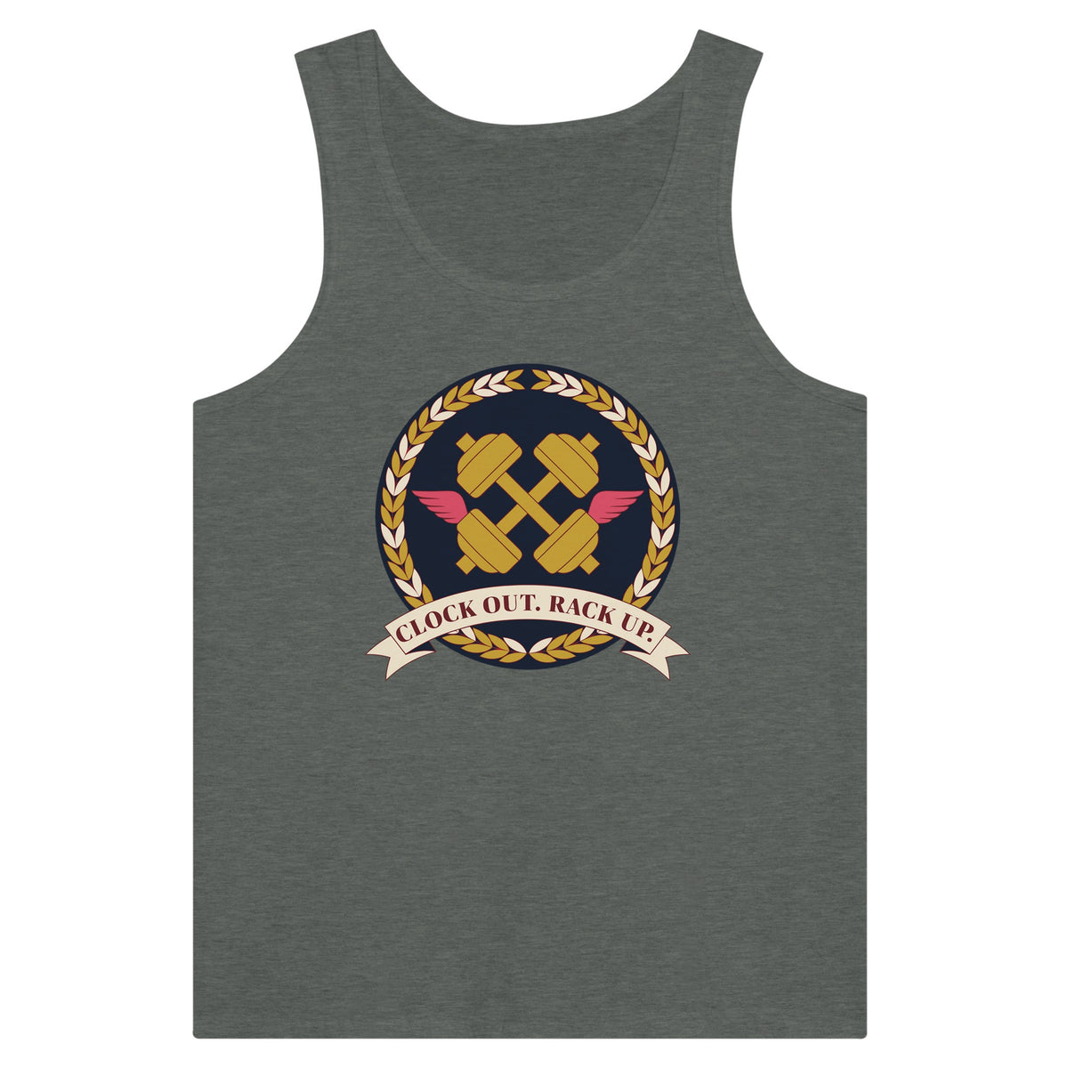Clock Out. Rack Up. crest design on a Dumbbells and Hotels unisex tank top