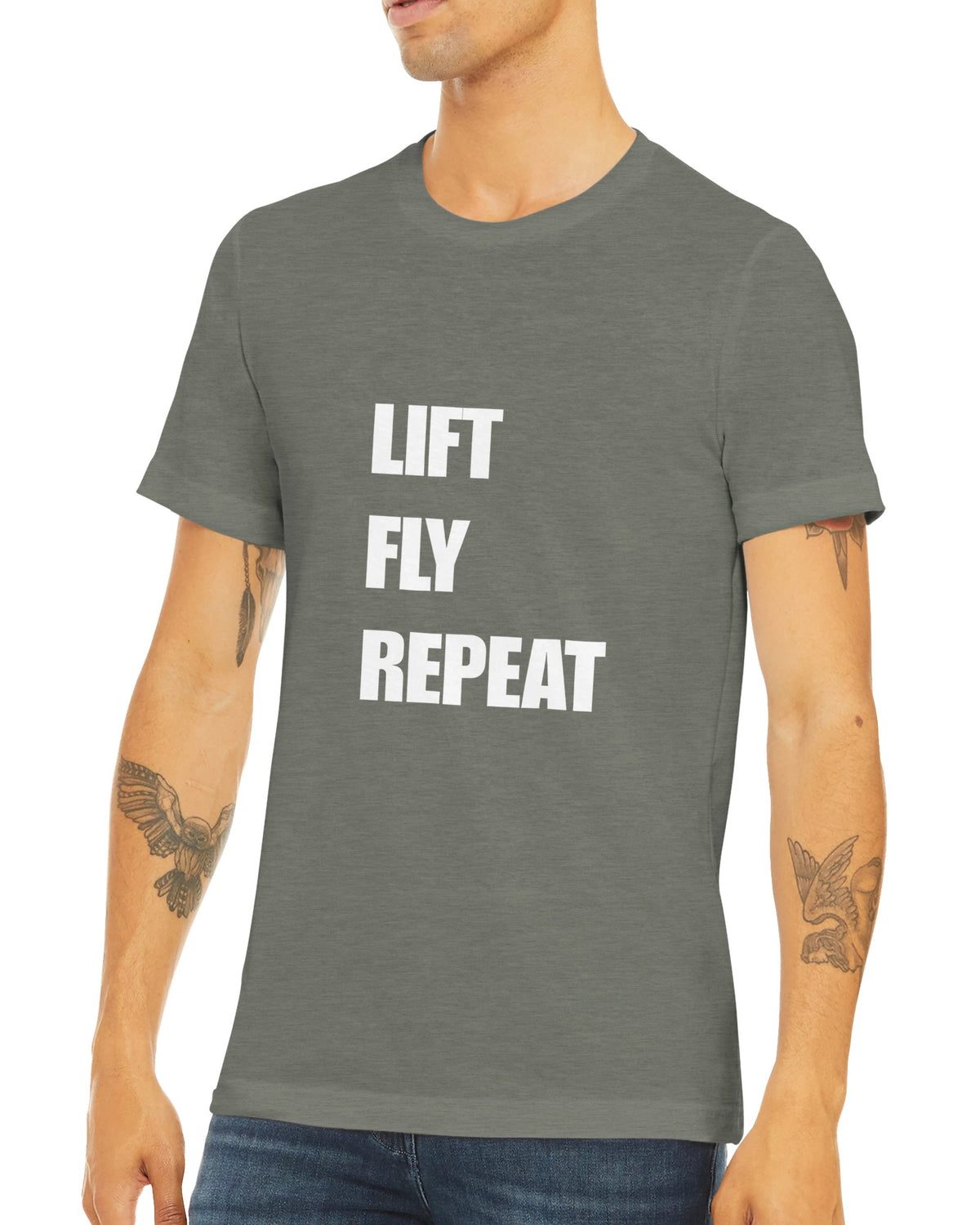 Lift Fly Repeat unisex triblend tee for travelling professionals, printed with a laurel-wreath crest with crossed dumbbells, aviator wings and a LIFT. FLY. REPEAT. ribbon — product photo 19 of 19