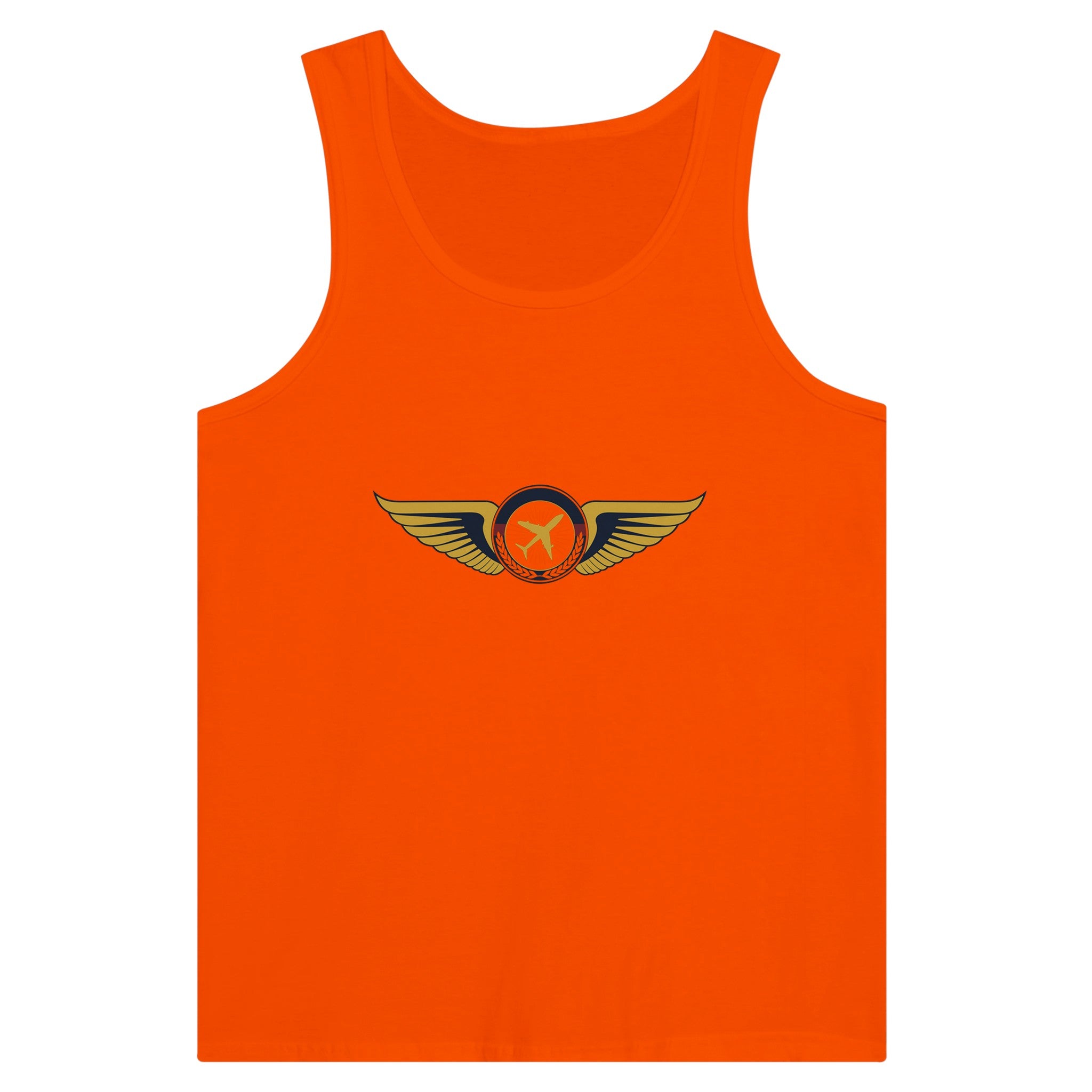 Aviator Wings unisex premium travel tank top, flat lay 6 — Dumbbells & Hotels