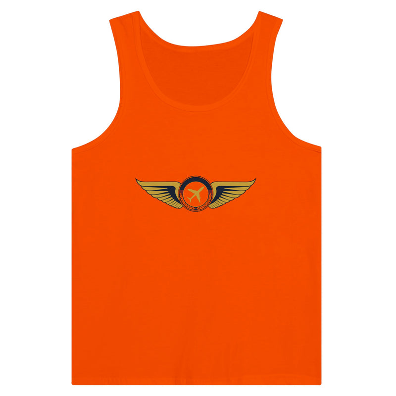 Aviator Wings unisex premium travel tank top, flat lay 6 — Dumbbells & Hotels