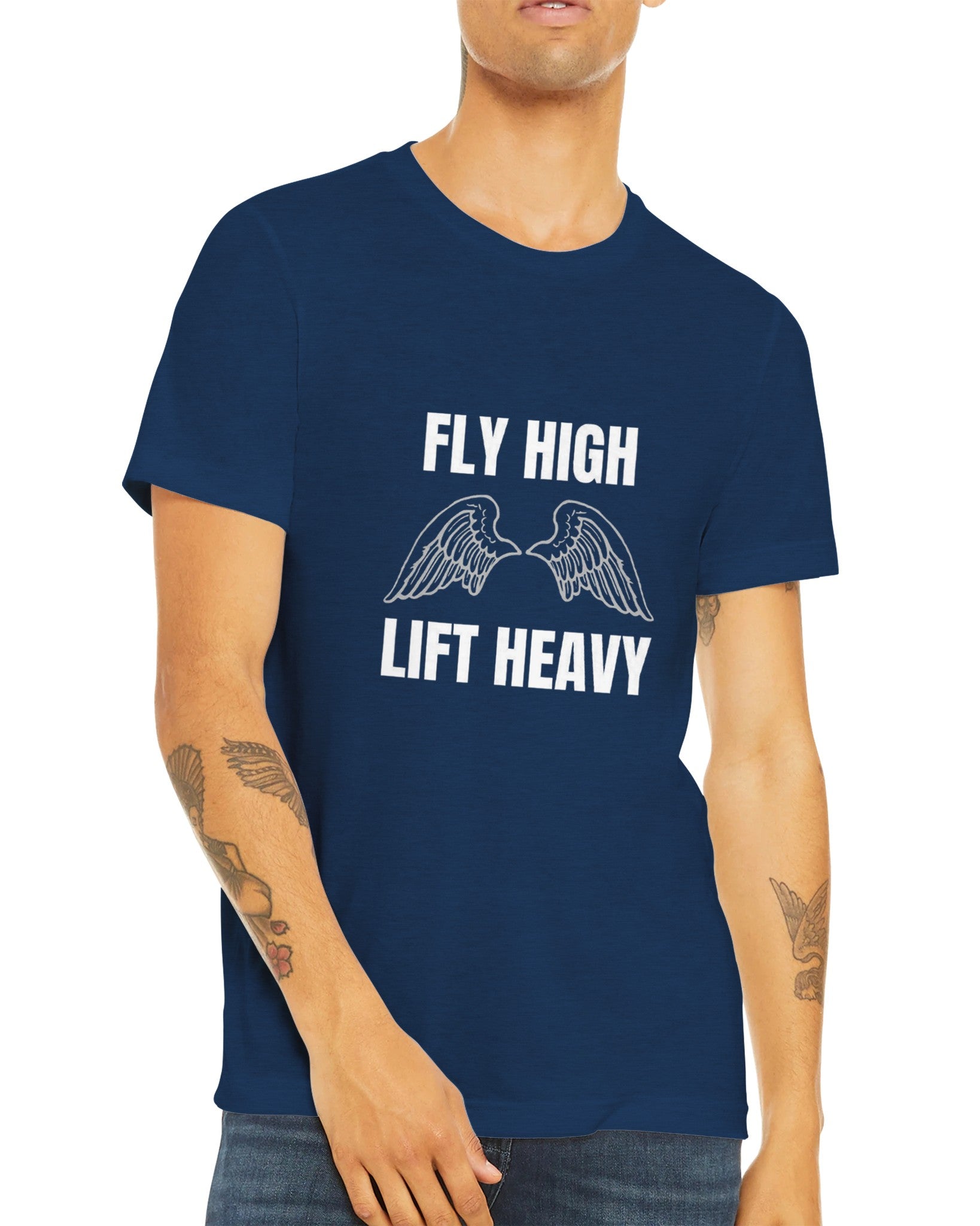 Fly High Lift Heavy premium tri-blend travel gym t-shirt on male model — Dumbbells & Hotels, designed by pilots