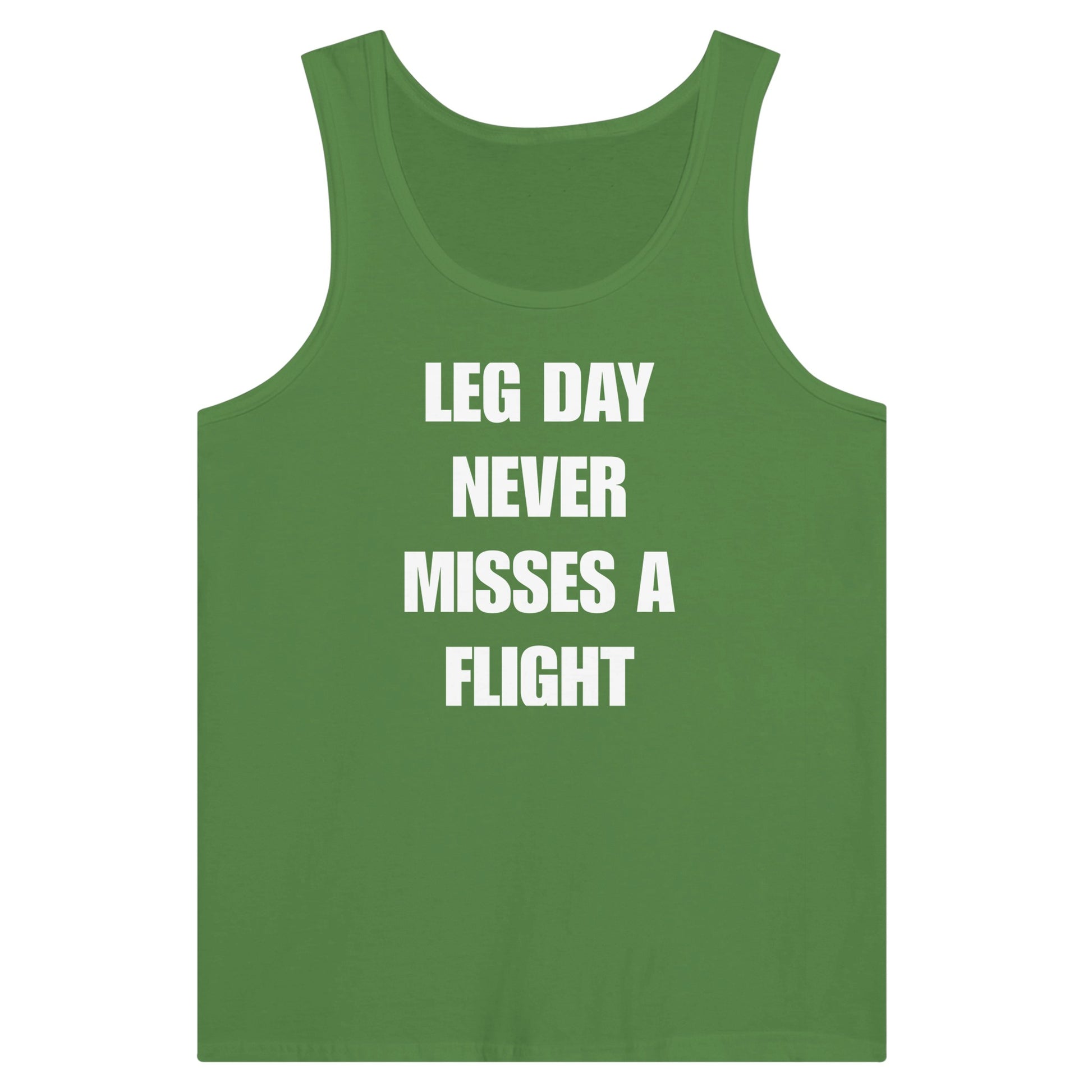 men's travel tank with white Leg Day Never Misses a Flight print on dark fabric, product view 5