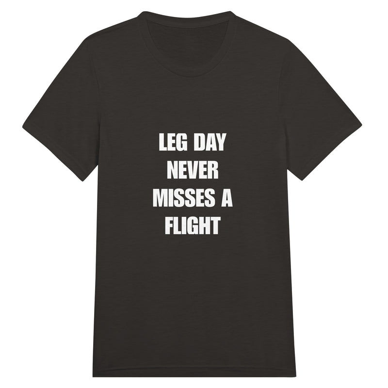 Leg Day Never Misses a Flight unisex triblend tee for travelling professionals, printed with a laurel-wreath crest with crossed dumbbells, aviator wings and a LEG DAY NEVER MISSES A FLIGHT ribbon — product photo 13 of 19
