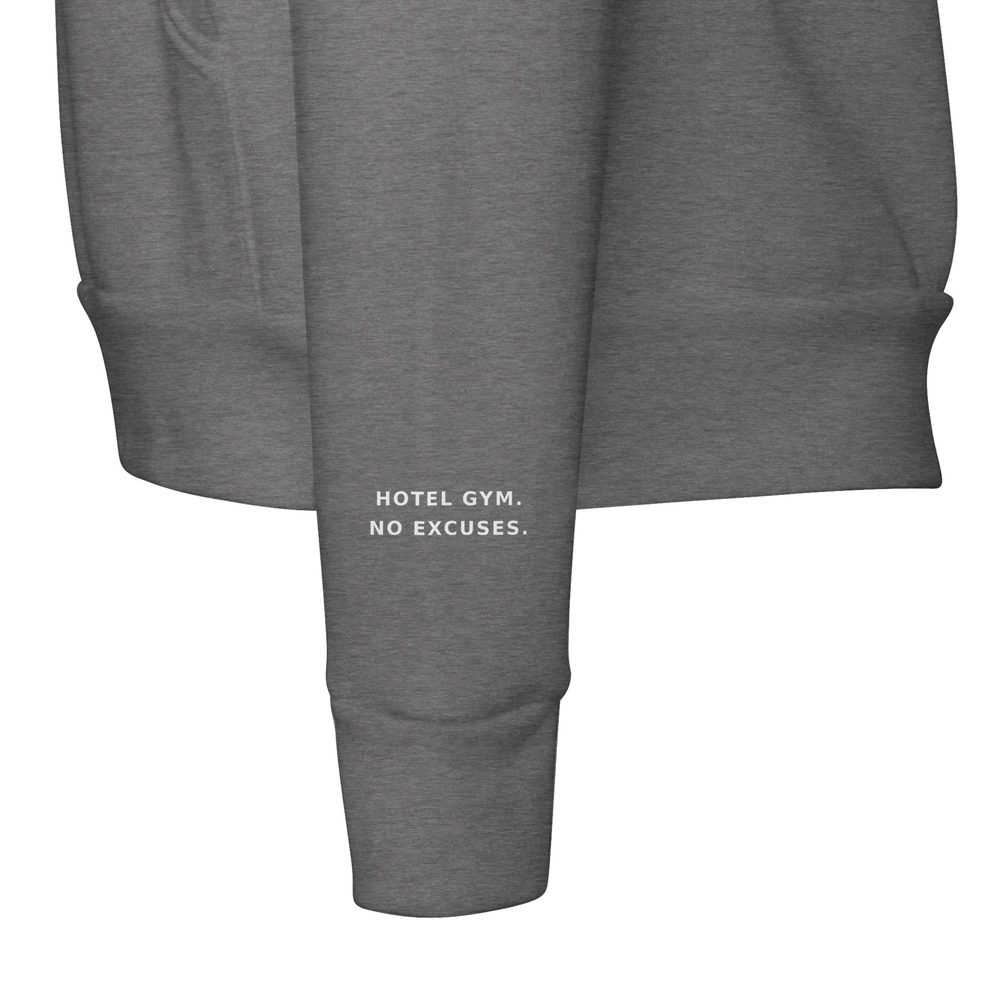 unisex midweight travel hoodie with white Hotel Gym. No Excuses. statement print