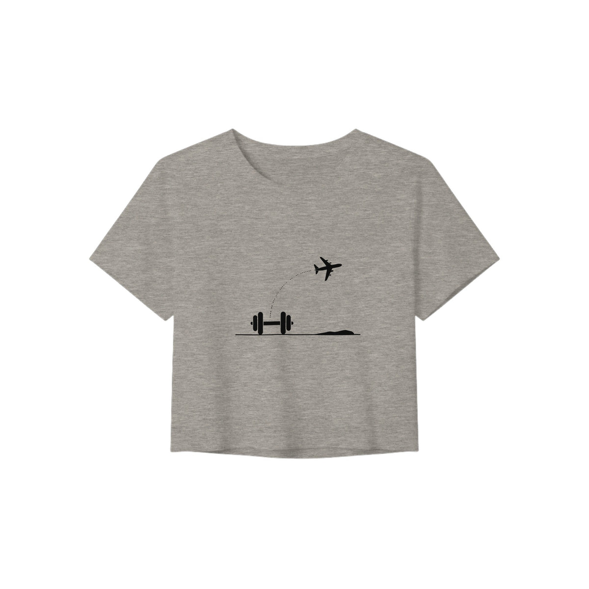 Descent Checklist, Personal Checklist. silhouette design of a dumbbell and flight path on a Dumbbells and Hotels women's travel crop tee, flat lay