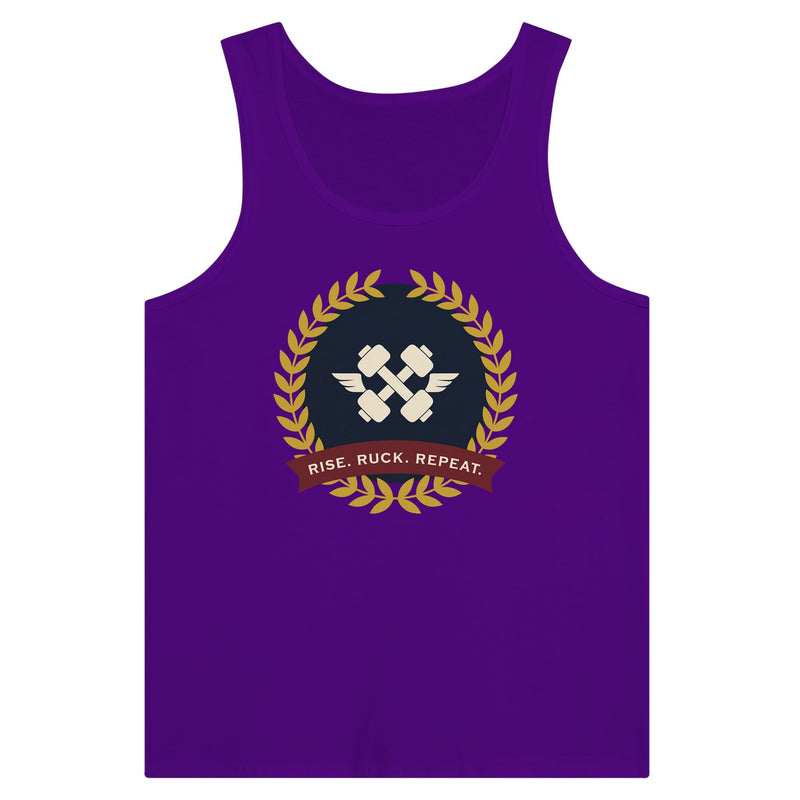 Rise. Ruck. Repeat. artwork detail on a unisex tank top designed for hotel gyms and long layovers