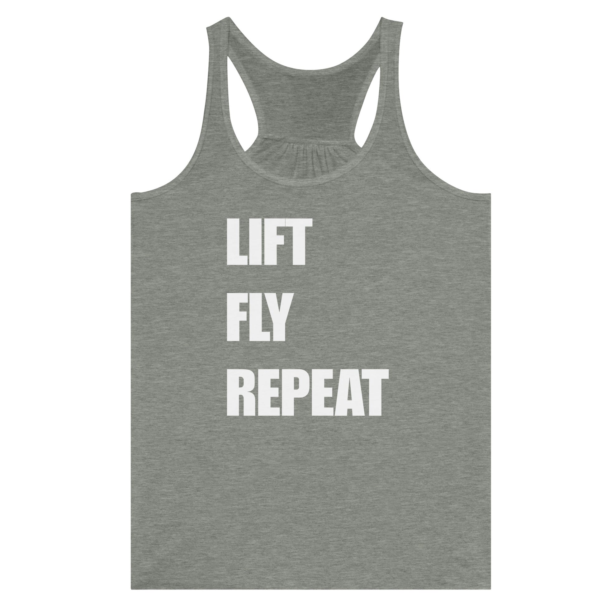 Dumbbells & Hotels women's flowy racerback tank with the Lift Fly Repeat graphic - product shot 1 of 13