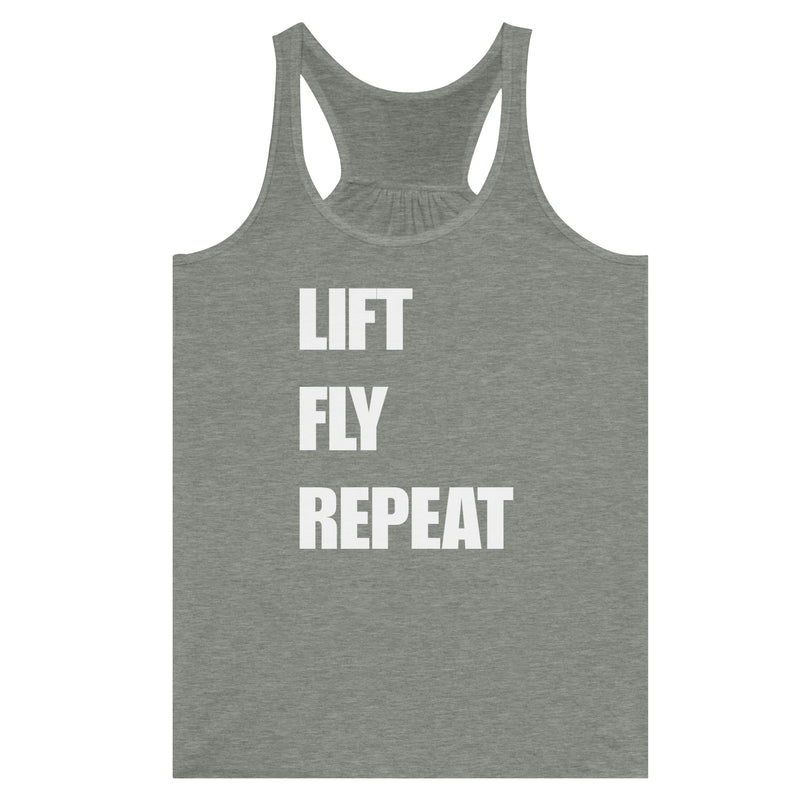 Dumbbells & Hotels women's flowy racerback tank with the Lift Fly Repeat graphic - product shot 1 of 13