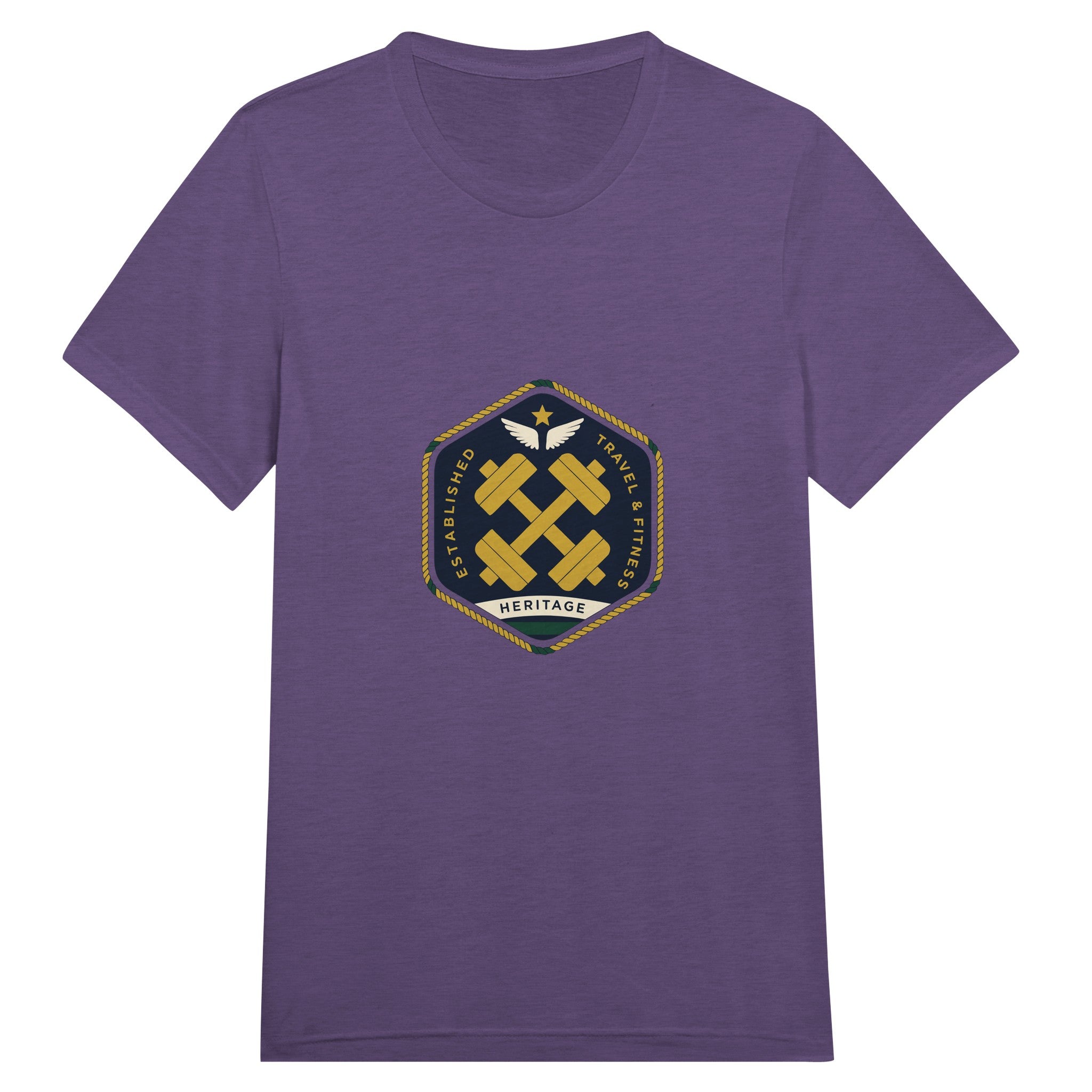 Heritage Standard crest-emblem travel tee, Dumbbells & Hotels road warrior apparel