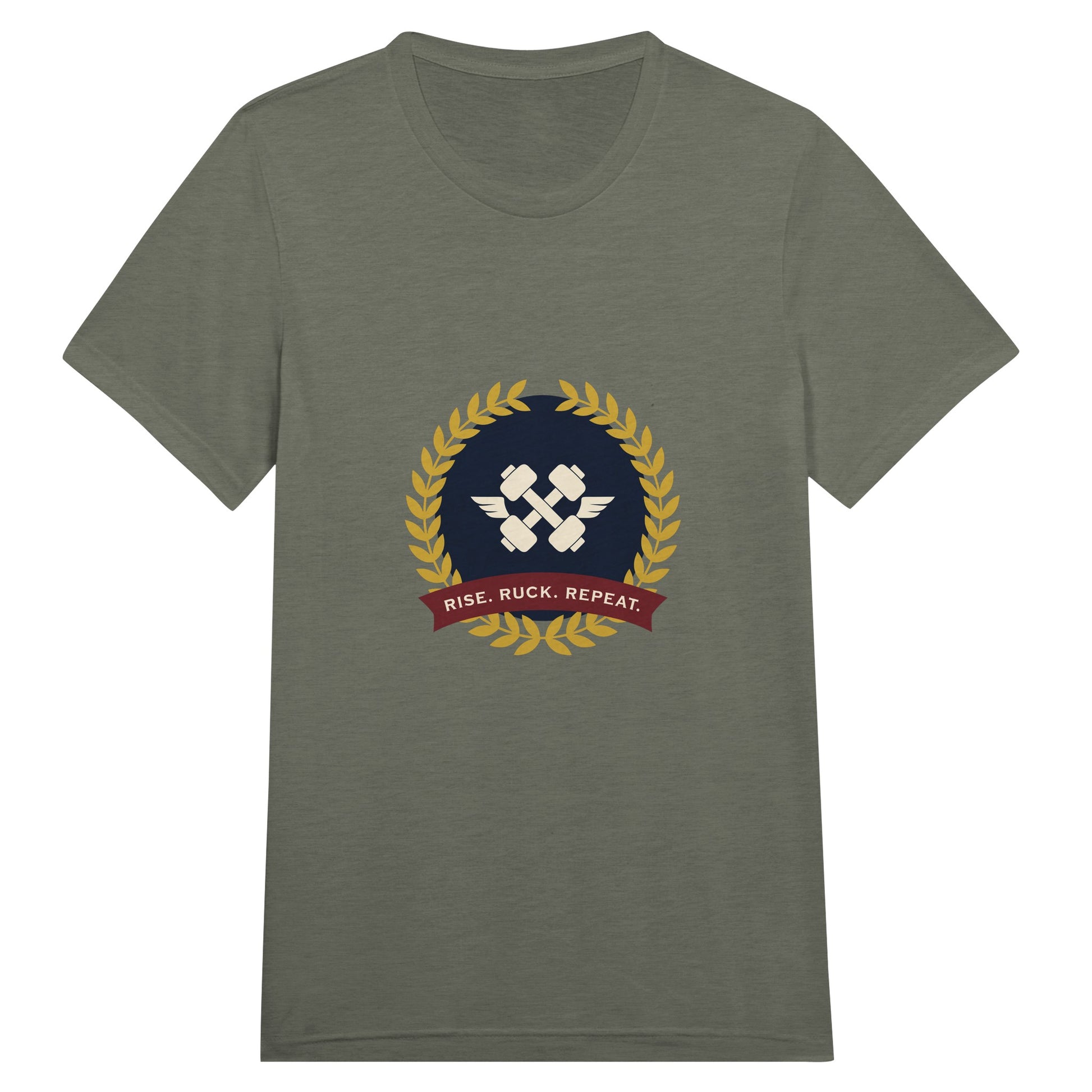 Rise. Ruck. Repeat. unisex triblend tee in Military Green Triblend — packable travel training apparel from Dumbbells & Hotels