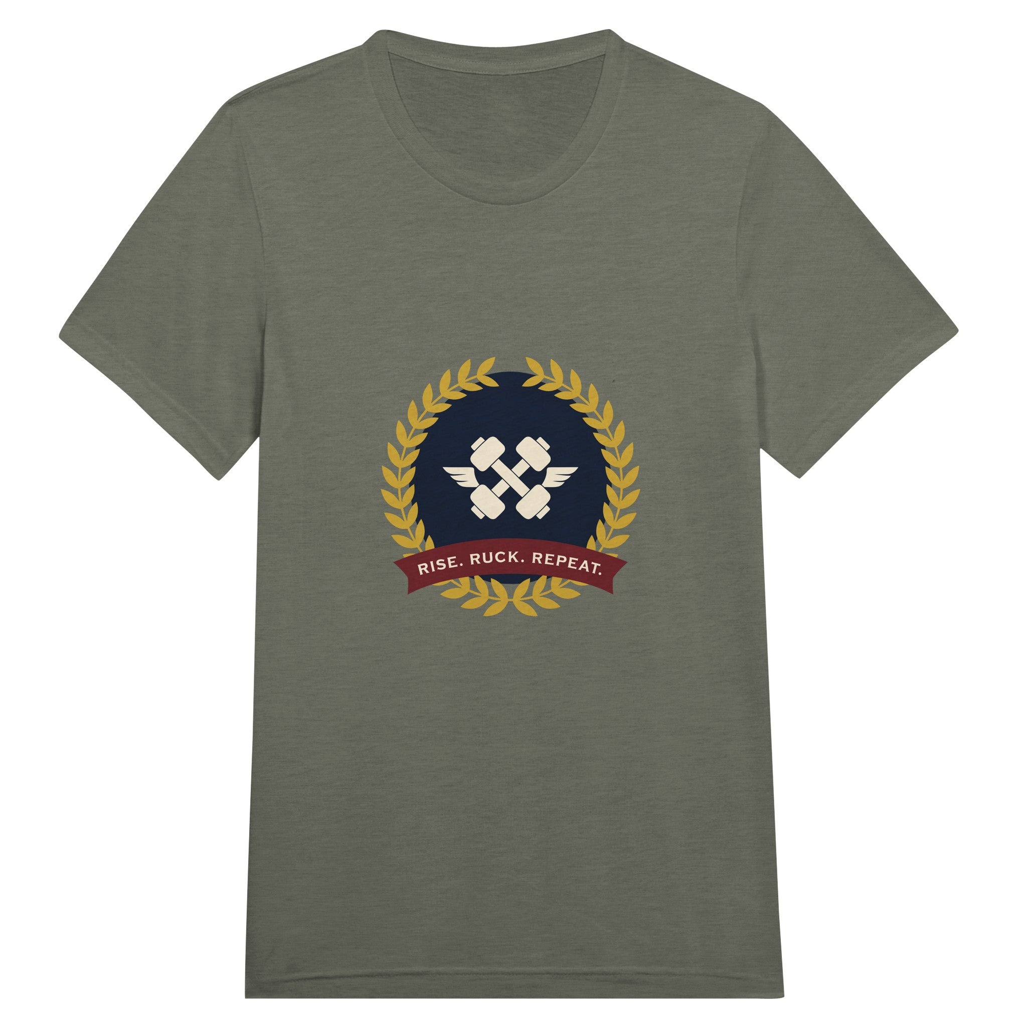 Rise. Ruck. Repeat. unisex triblend tee in Military Green Triblend — packable travel training apparel from Dumbbells & Hotels