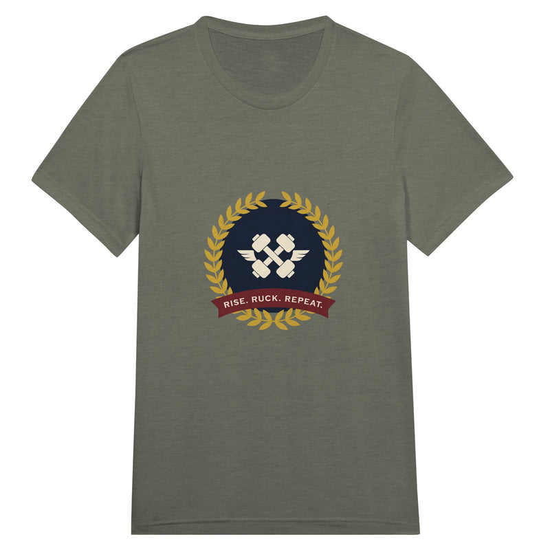Rise. Ruck. Repeat. unisex triblend tee in Military Green Triblend — packable travel training apparel from Dumbbells & Hotels